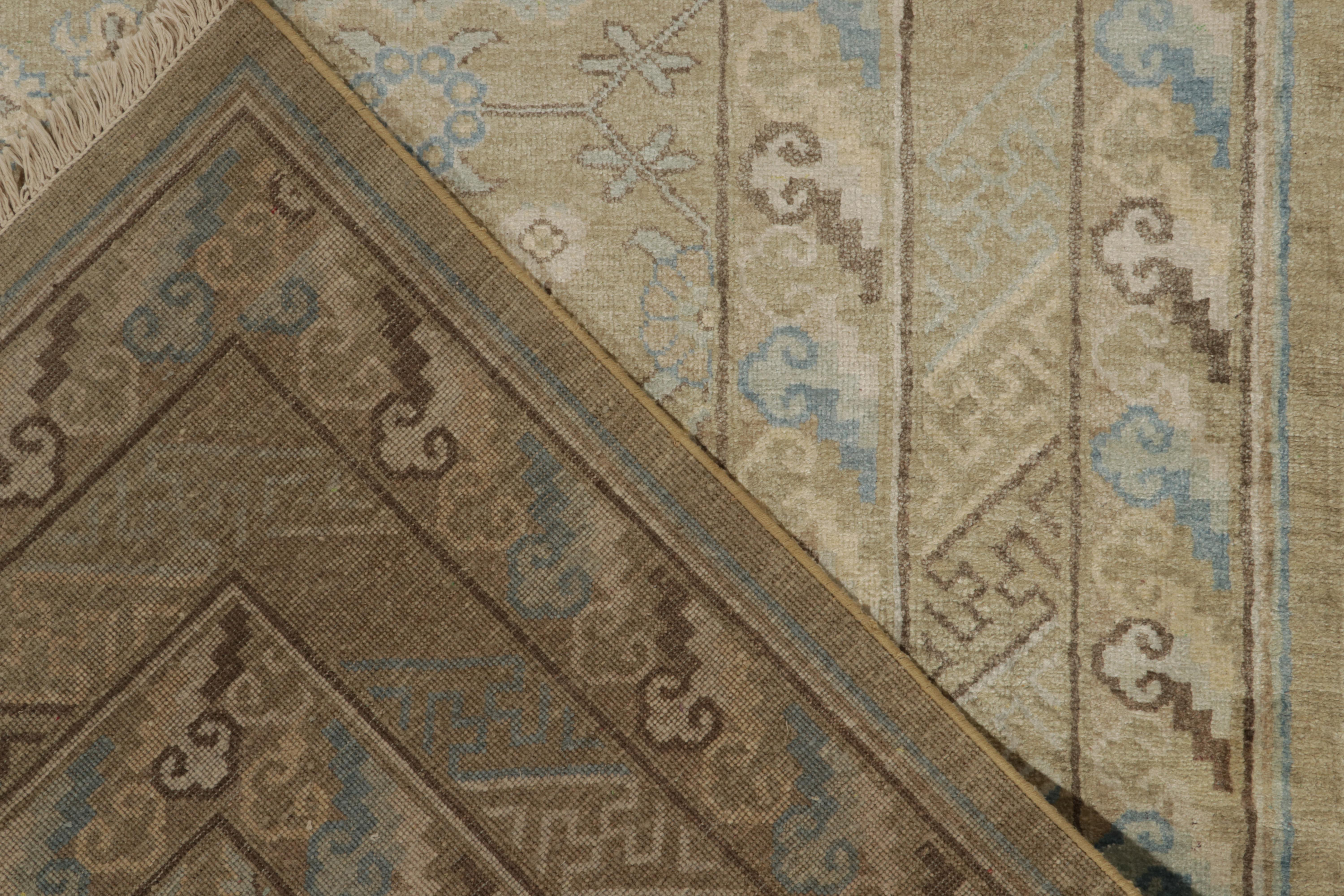 Silk Rug & Kilim’s Khotan Style Rug in Gold, Beige-Brown and Blue Patterns For Sale