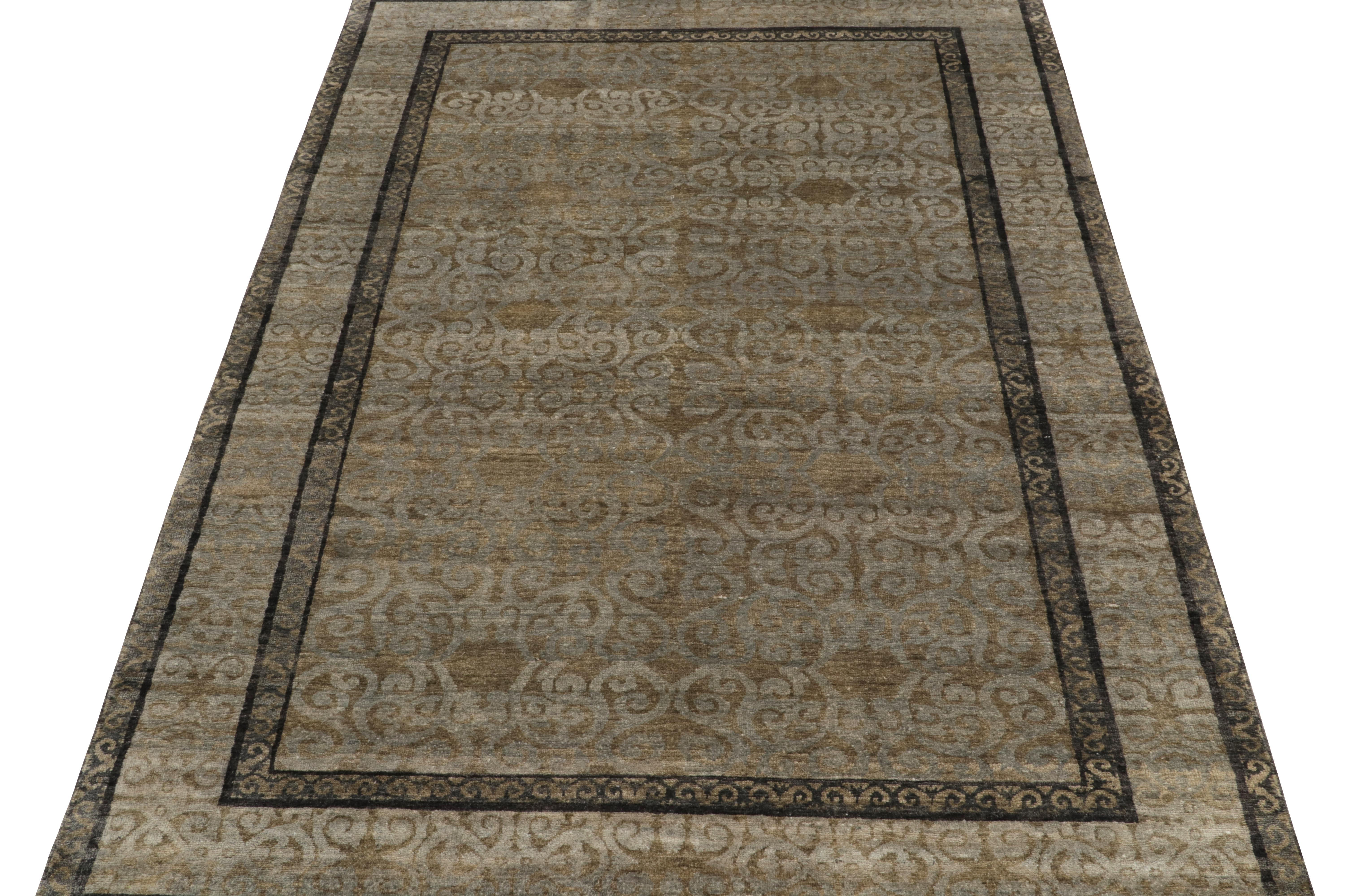 Indian Rug & Kilim’s Khotan Style Rug in Golden-Brown with Blue Patterns For Sale