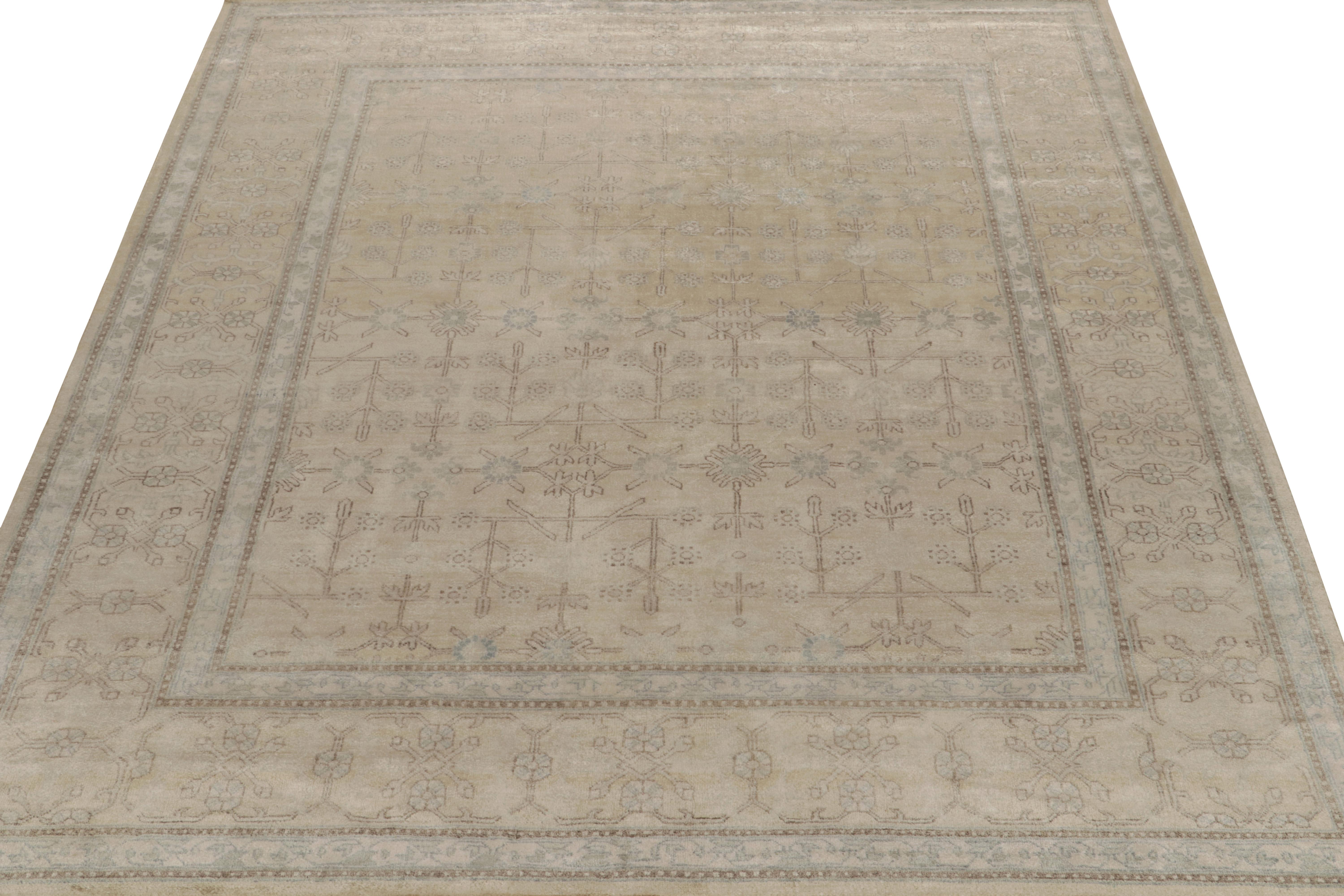 Indian Rug & Kilim’s Khotan style Rug in Ivory with White & Blue Floral Patterns For Sale
