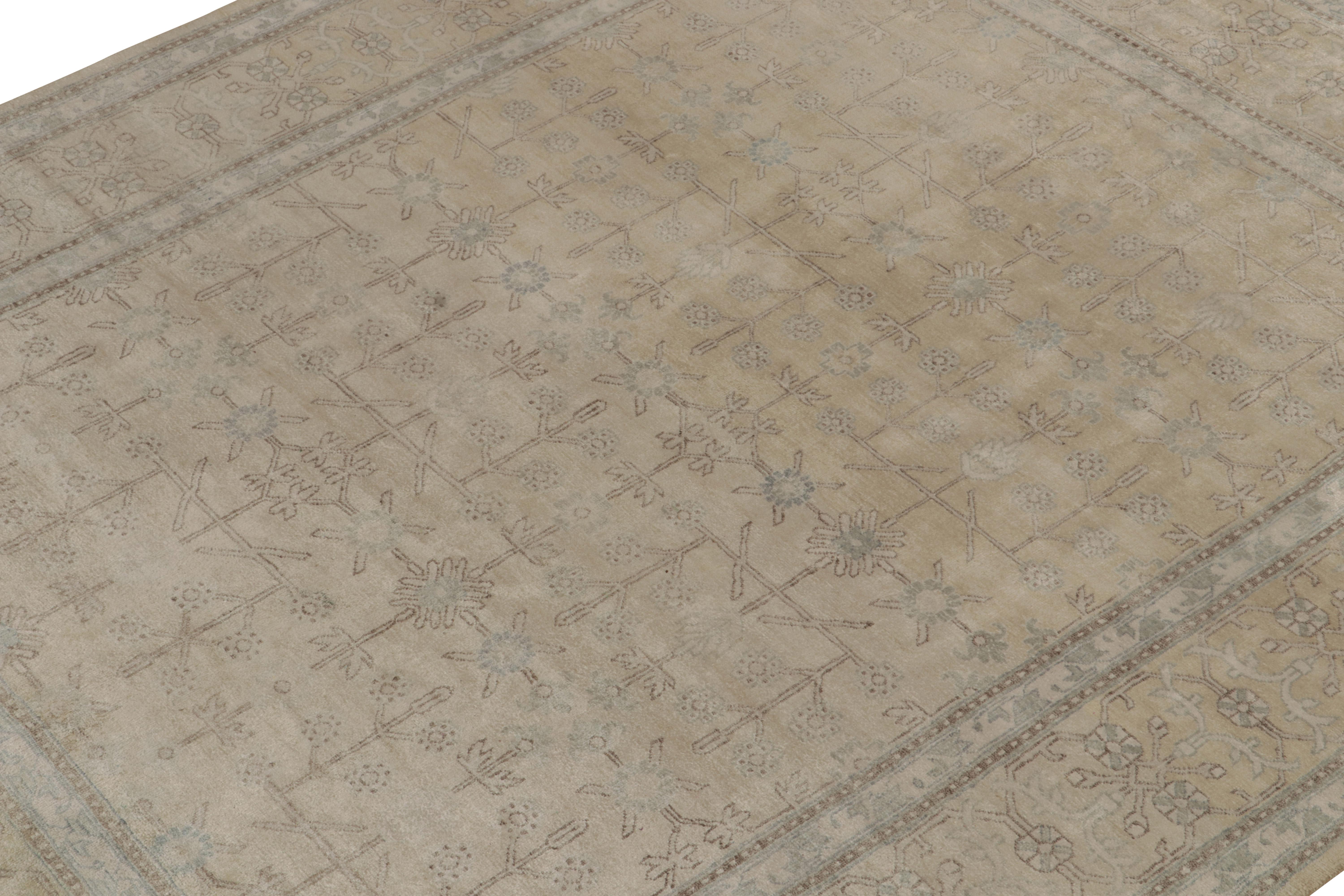 Hand-Knotted Rug & Kilim’s Khotan style Rug in Ivory with White & Blue Floral Patterns For Sale
