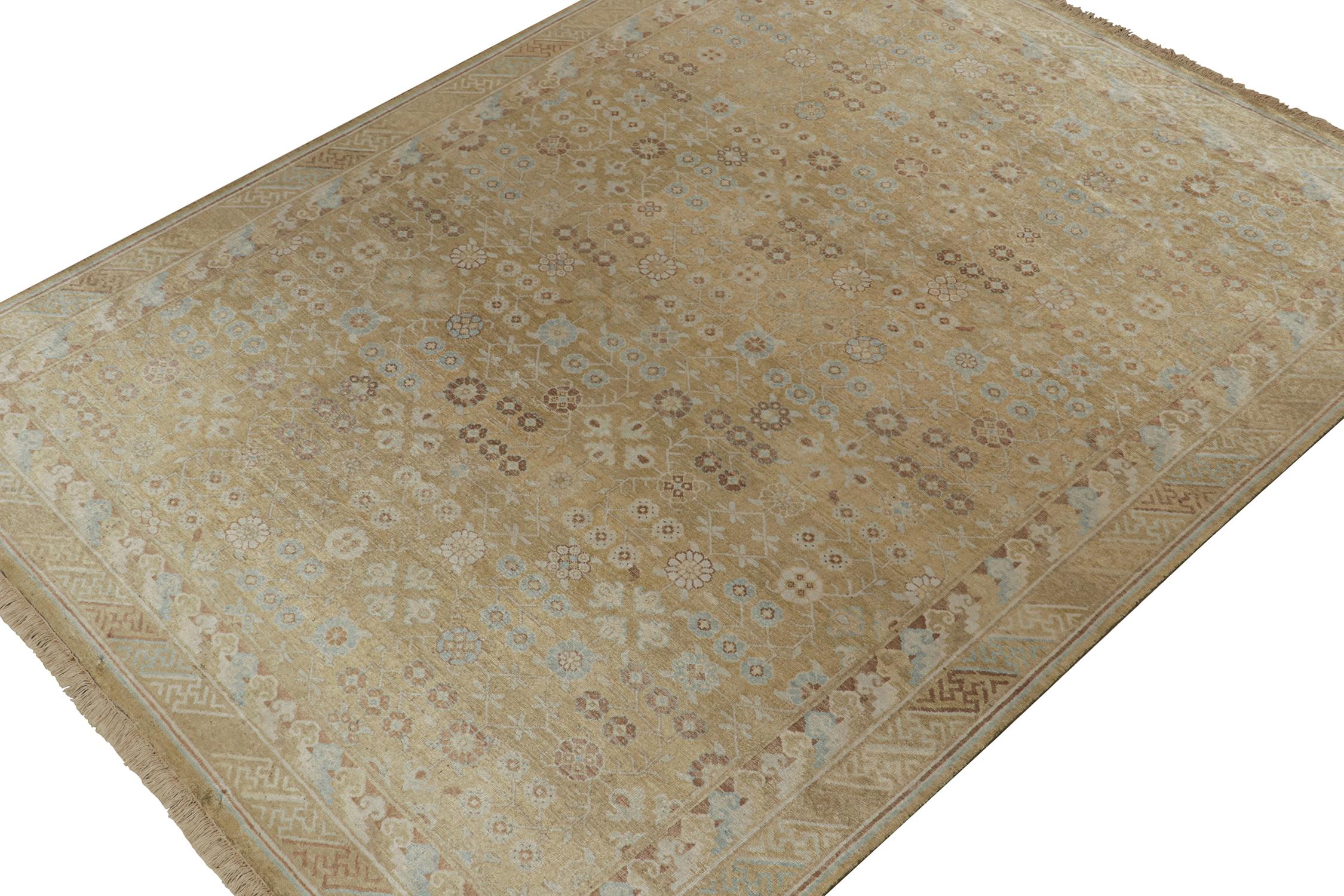 An 8x10 rug inspired from antique Khotan rug styles, from Rug & Kilim’s Modern Classics Collection. Hand knotted in silk, playing an exceptional blue & beige-brown in geometric patterns with classic grace.
Further On the Design:
The play of cool