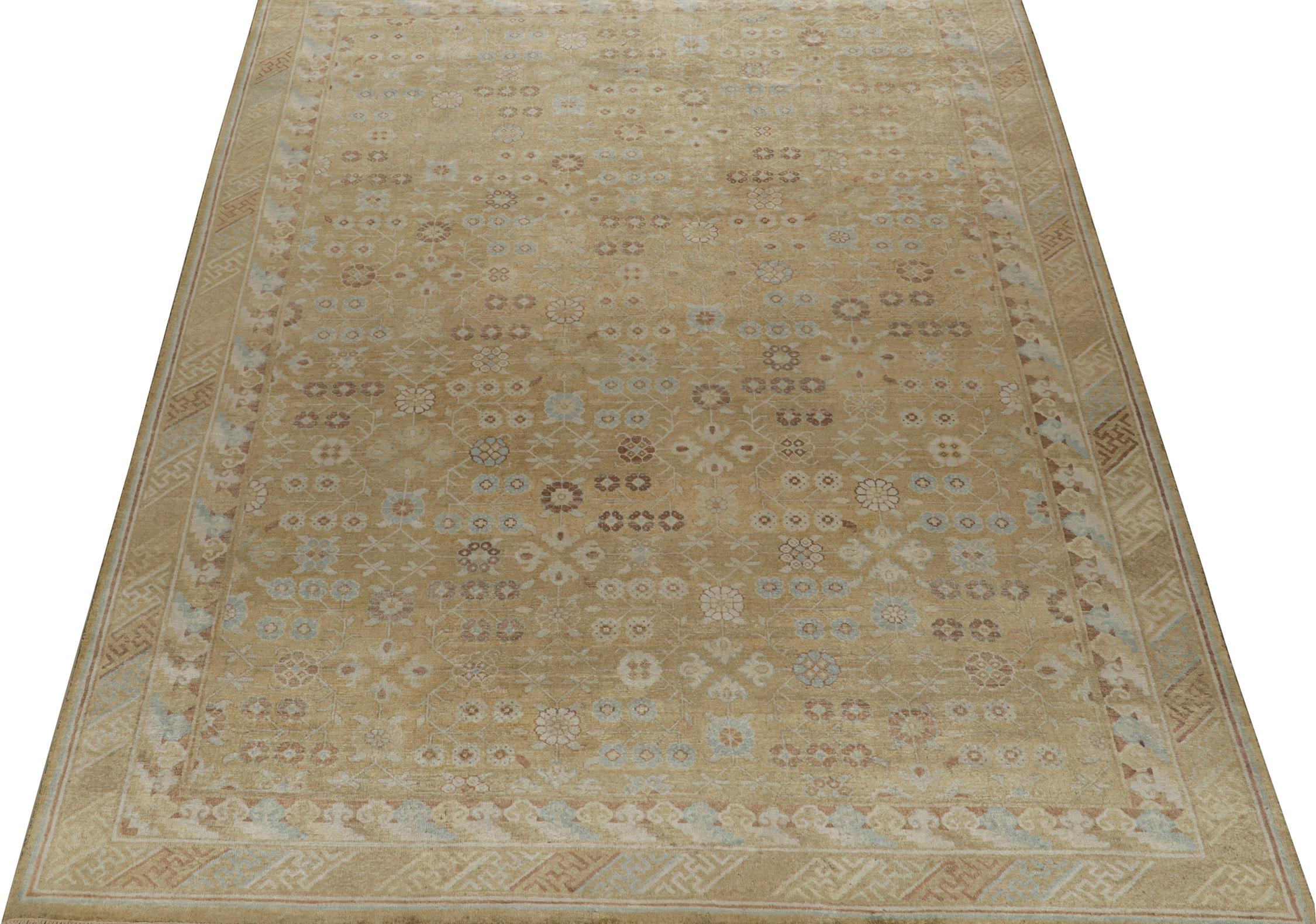Indian Rug & Kilim’s Khotan Style Rug with Blue & Beige-Brown Geometric Pattern For Sale