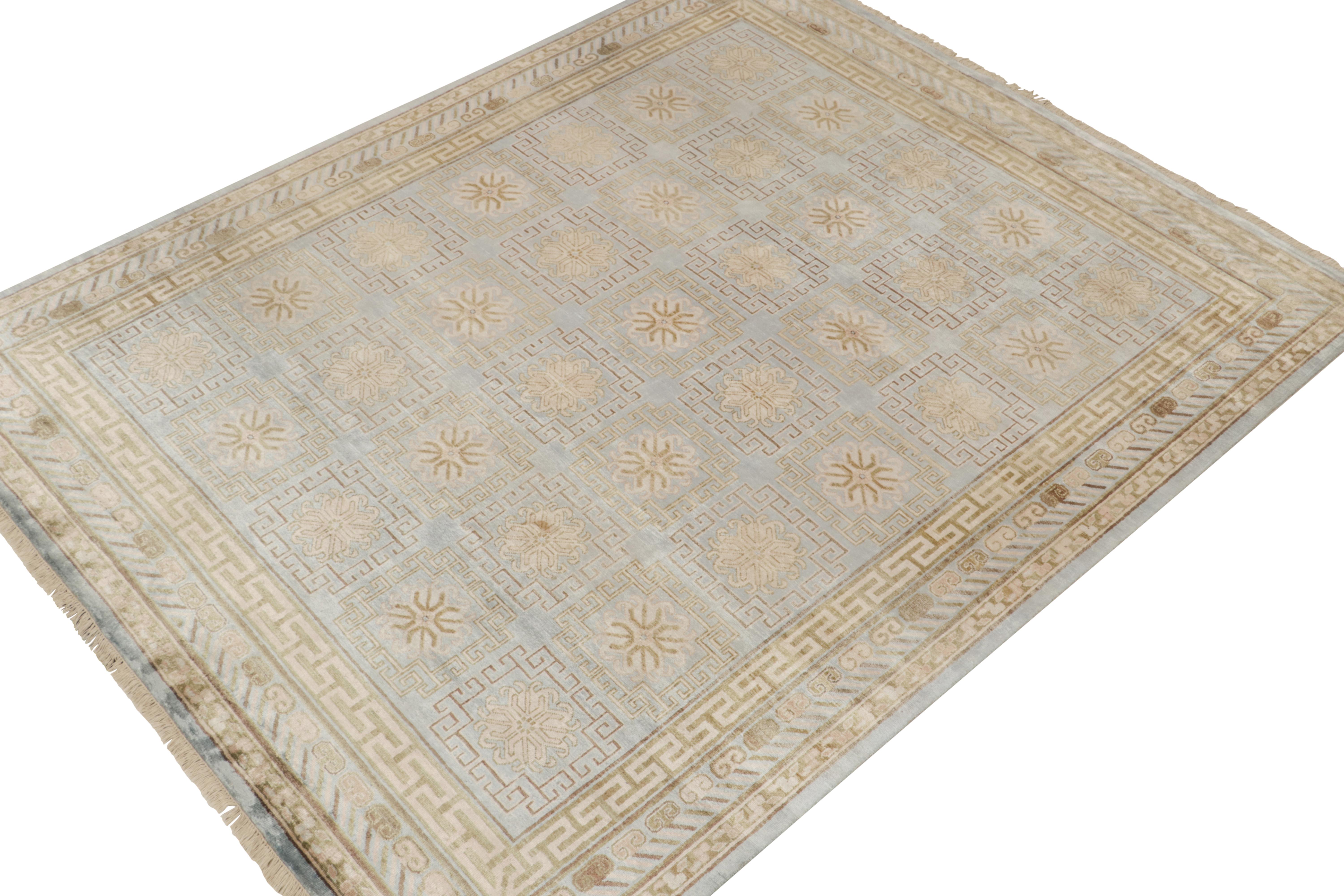 An 8x10 rug inspired from antique Khotan rug styles, from Rug & Kilim’s Modern Classics Collection. Hand-knotted in silk, playing an exceptional blue and beige-brown in medallions and geometric patterns with elegant classic grace.
Further On the