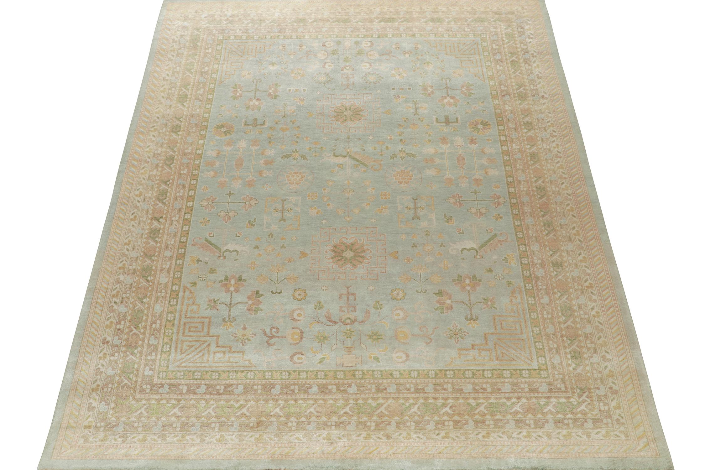 Indian Rug & Kilim’s Khotan Style Rug with Blue, Gold and Green Floral Pattern For Sale
