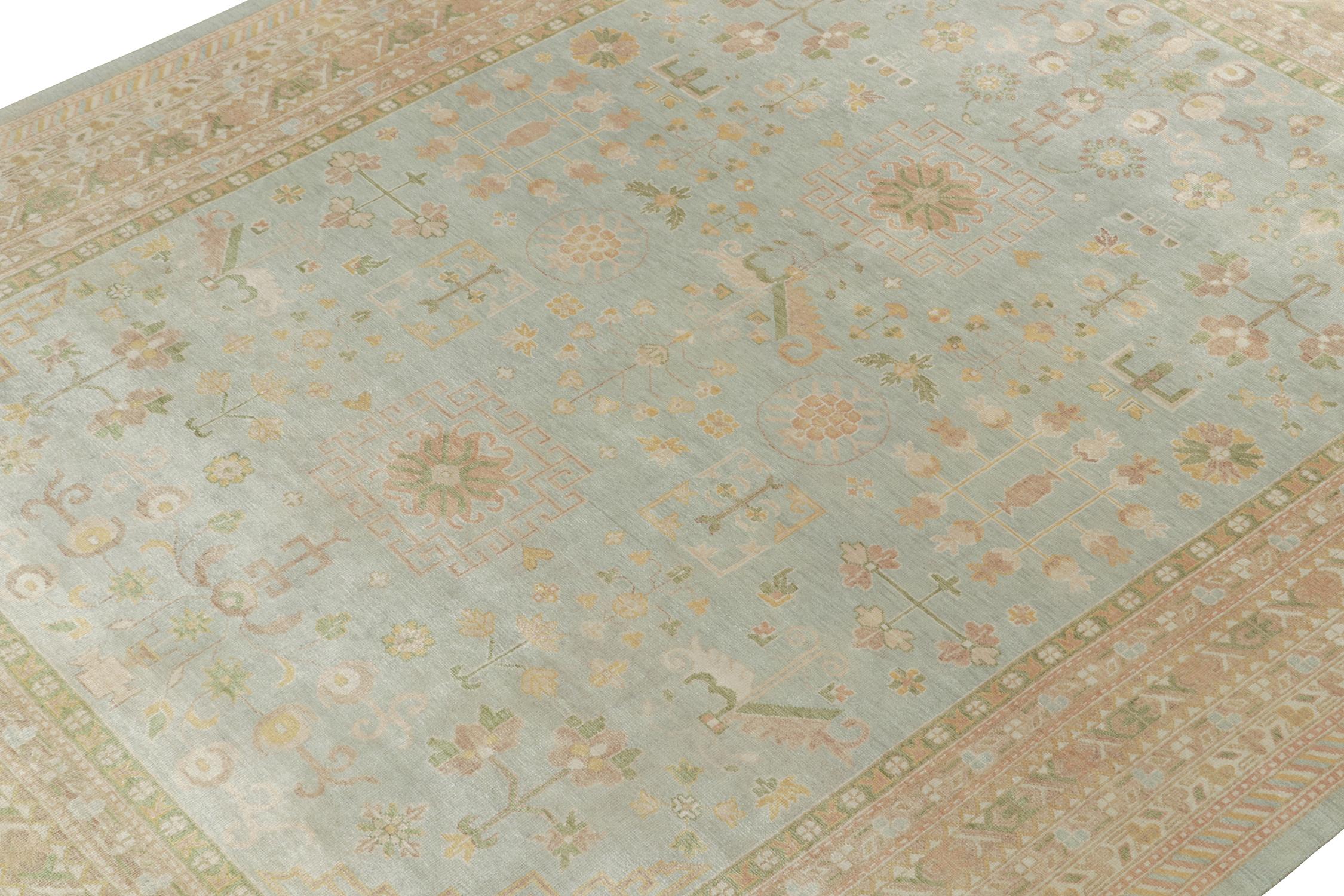 Hand-Knotted Rug & Kilim’s Khotan Style Rug with Blue, Gold and Green Floral Pattern For Sale