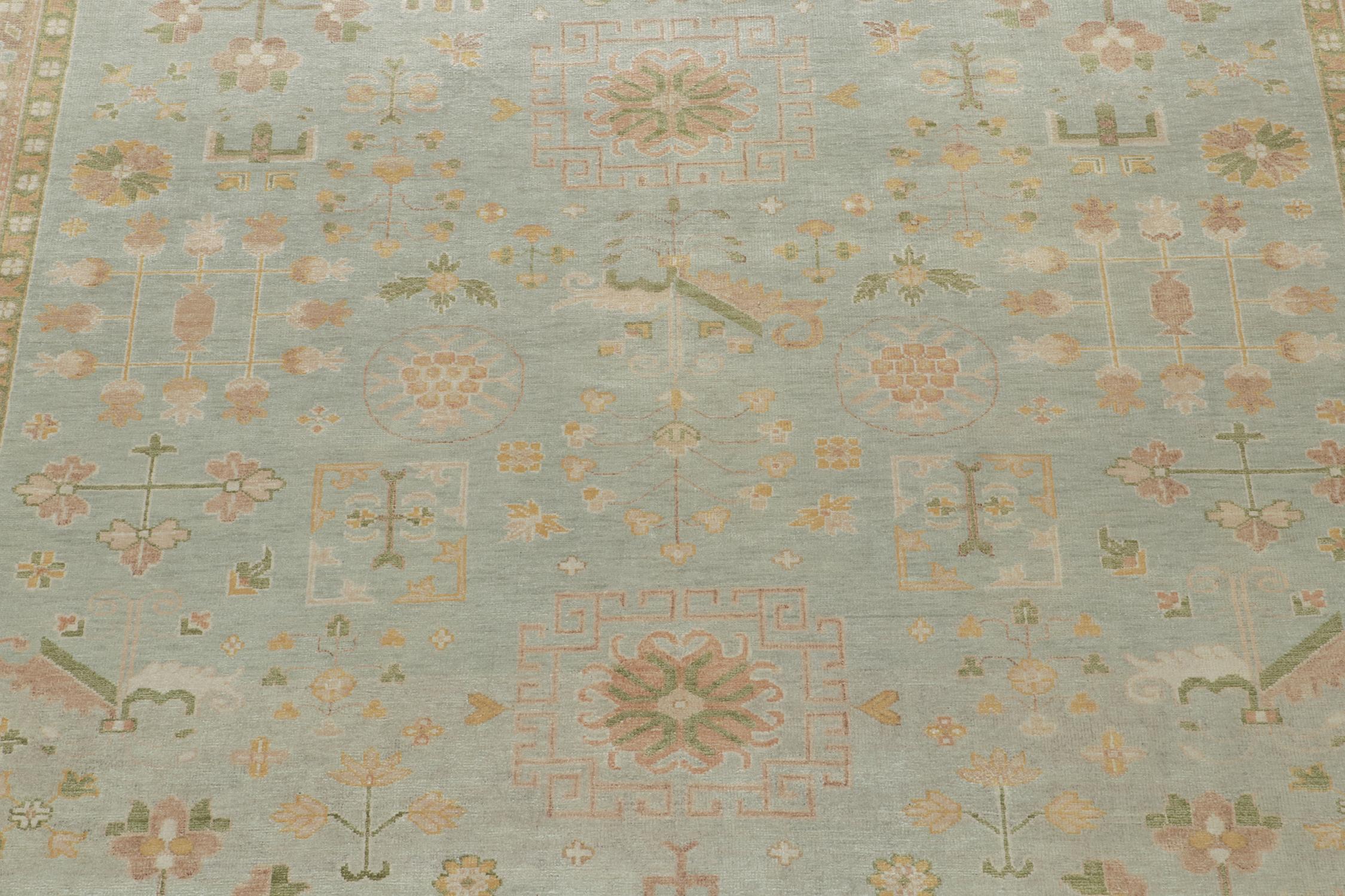 Contemporary Rug & Kilim’s Khotan Style Rug with Blue, Gold and Green Floral Pattern For Sale