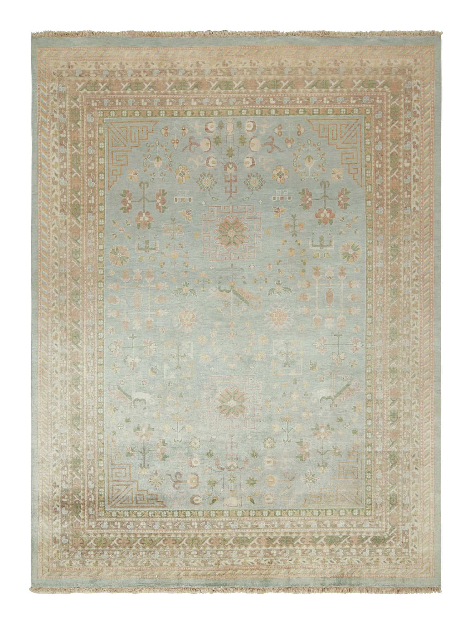 Rug & Kilim’s Khotan Style Rug with Blue, Gold and Green Floral Pattern