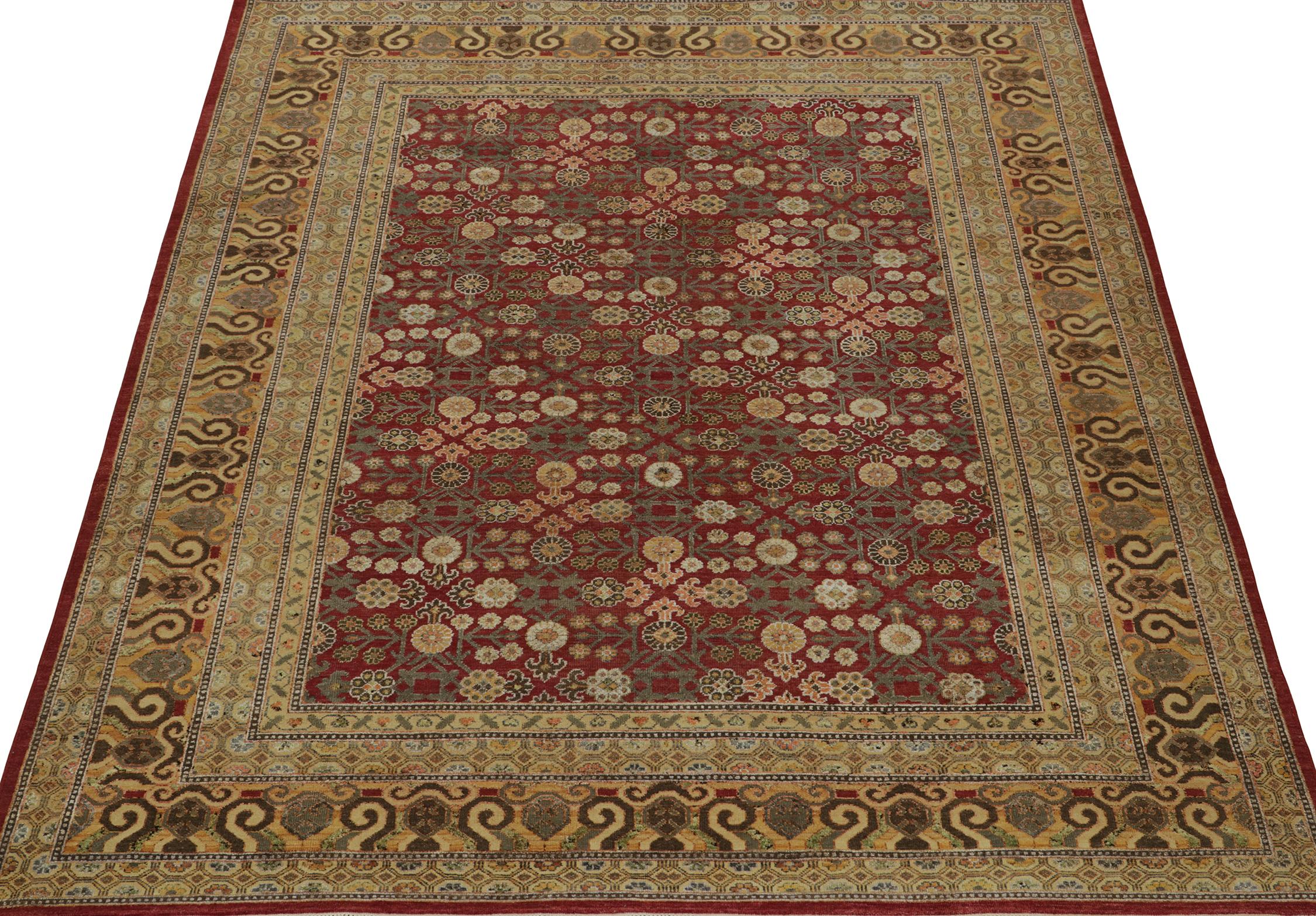 Indian Rug & Kilim’s Khotan Style Rug with Maroon and Gold with Floral Patterns For Sale