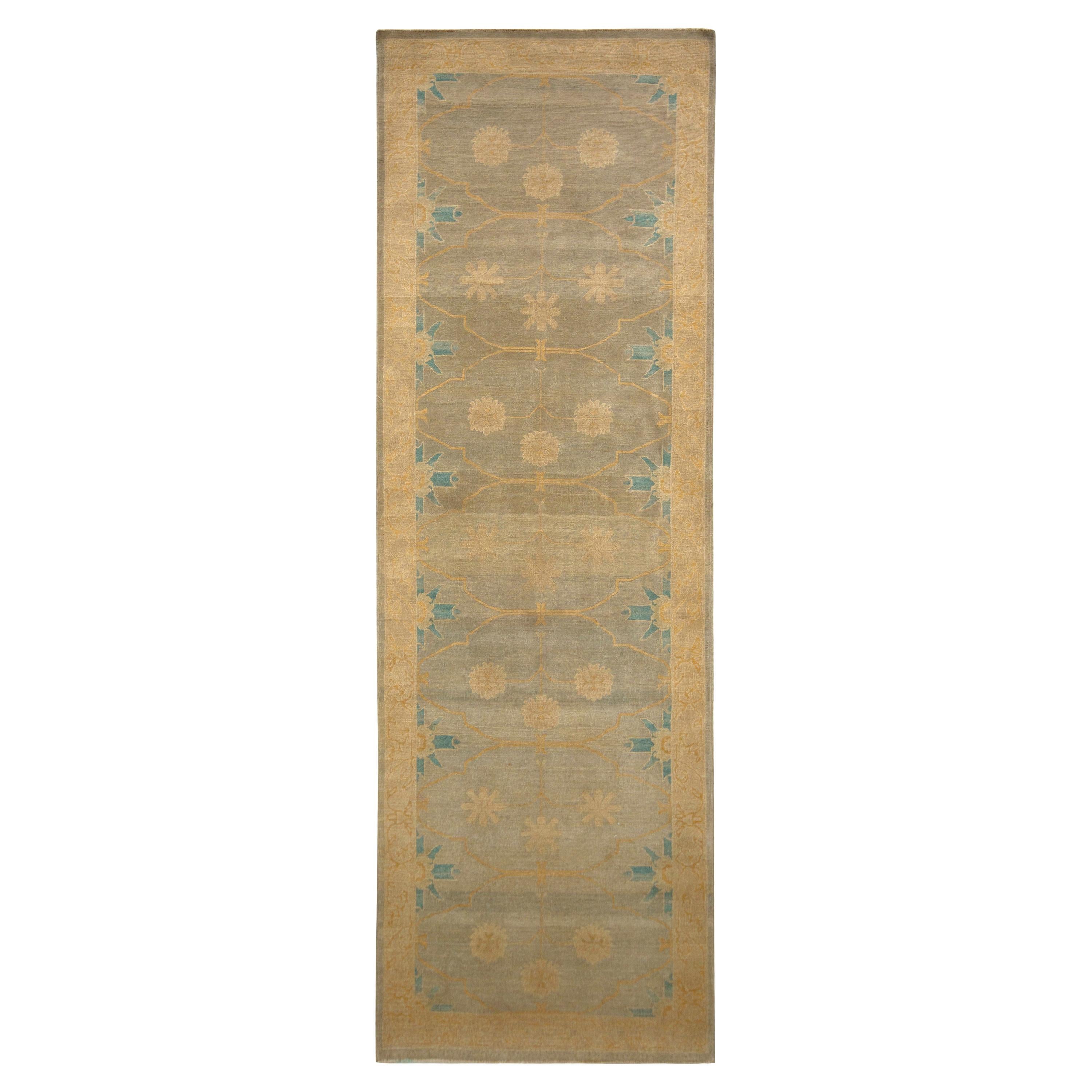 Rug & Kilim’s Khotan Style Runner in Gray Beige and Blue Floral Pattern For Sale