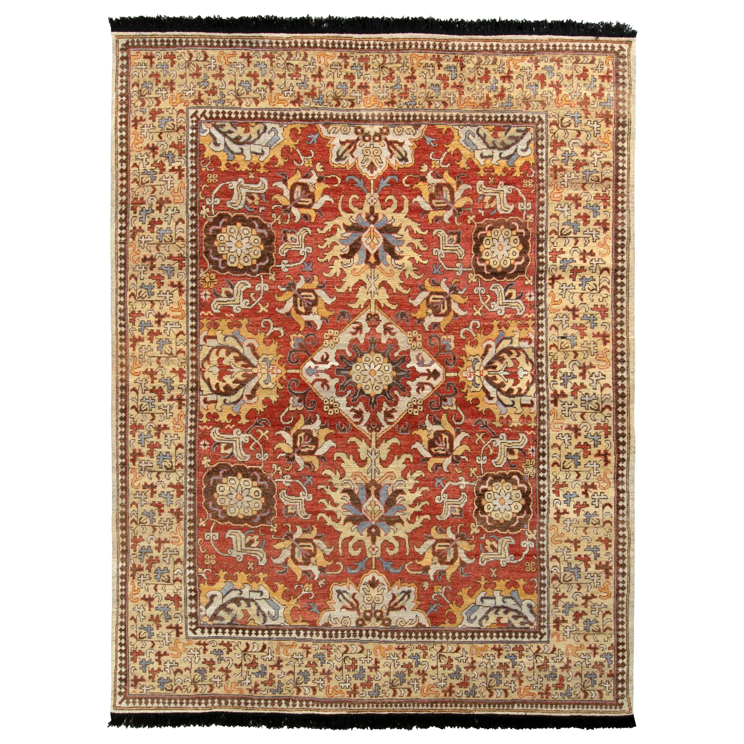 Rug & Kilim’s Kuba Style Rug in Red and Beige-Brown Floral Pattern