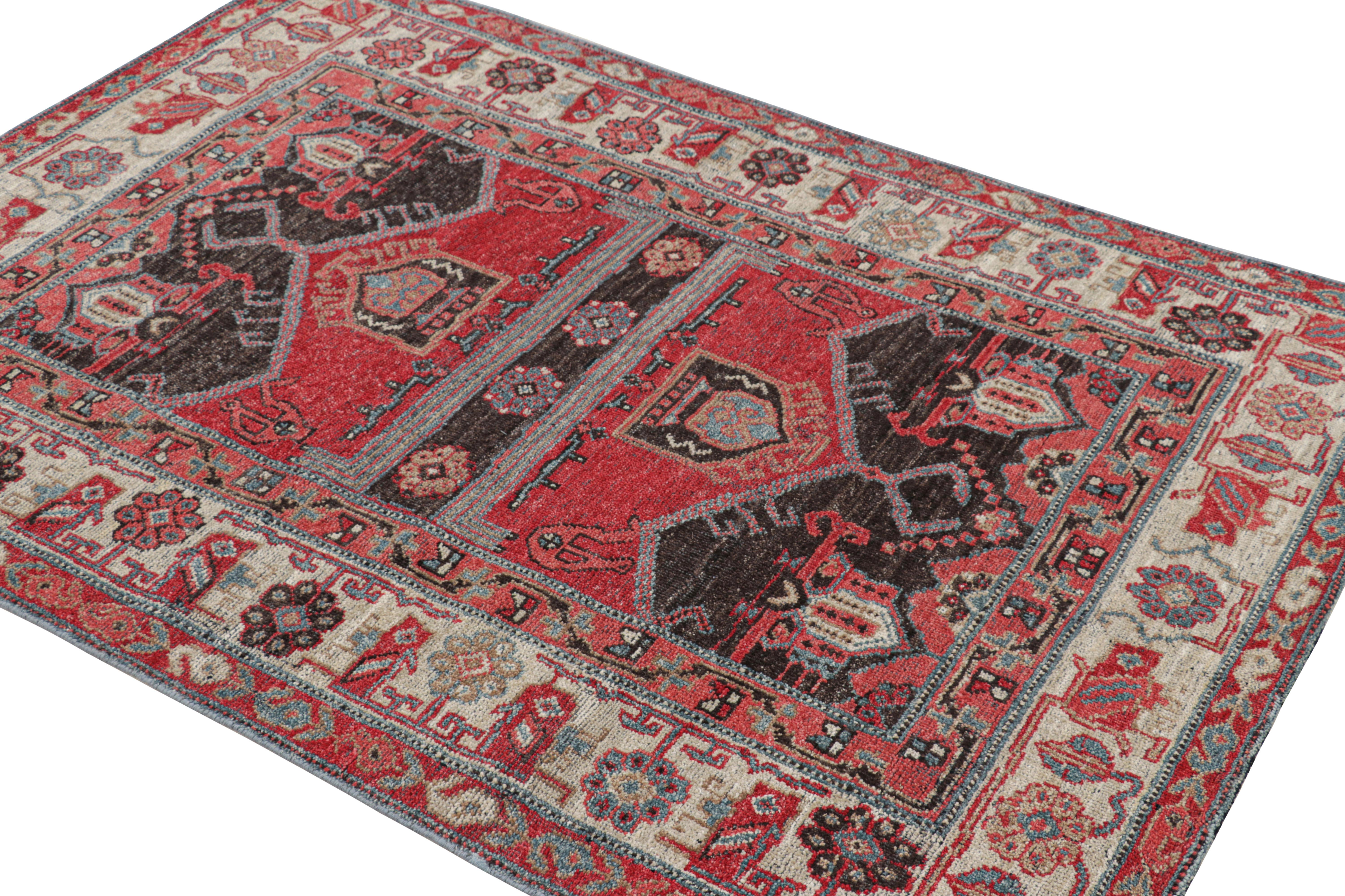 Noué à la main Rug & Kilim's Tapis kurde de style tribal en rouge et Brown avec motifs géométriques en vente