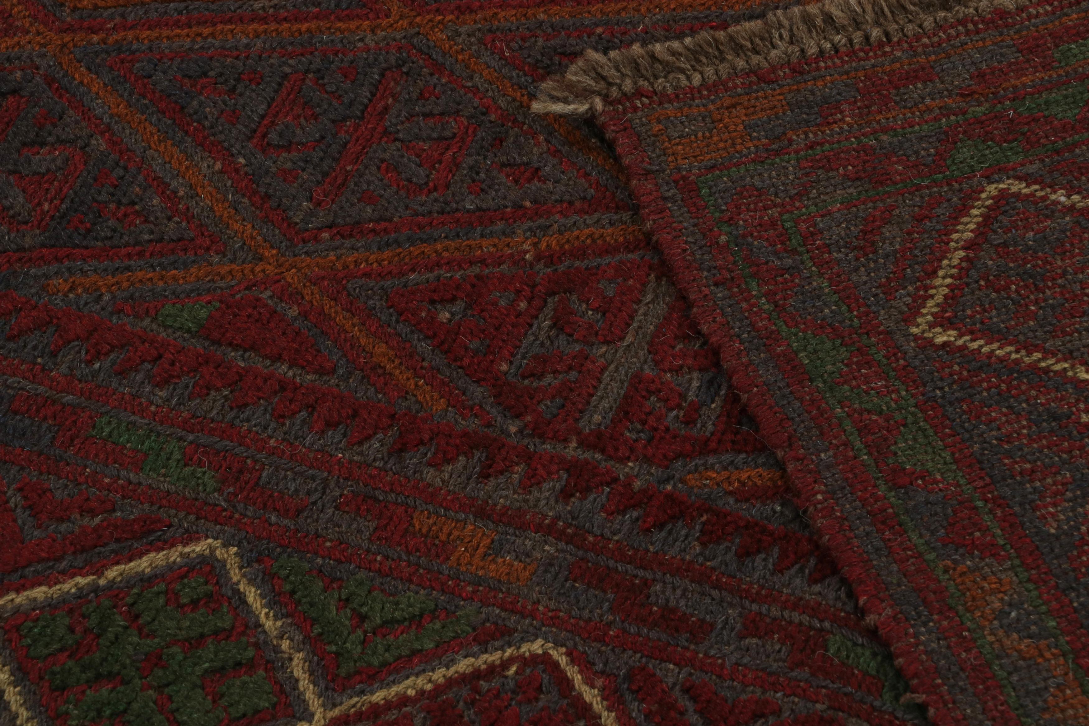 Wool Rug & Kilim’s Mashwani Afghan Baluch Rug in Burgundy with Geometric Patterns For Sale