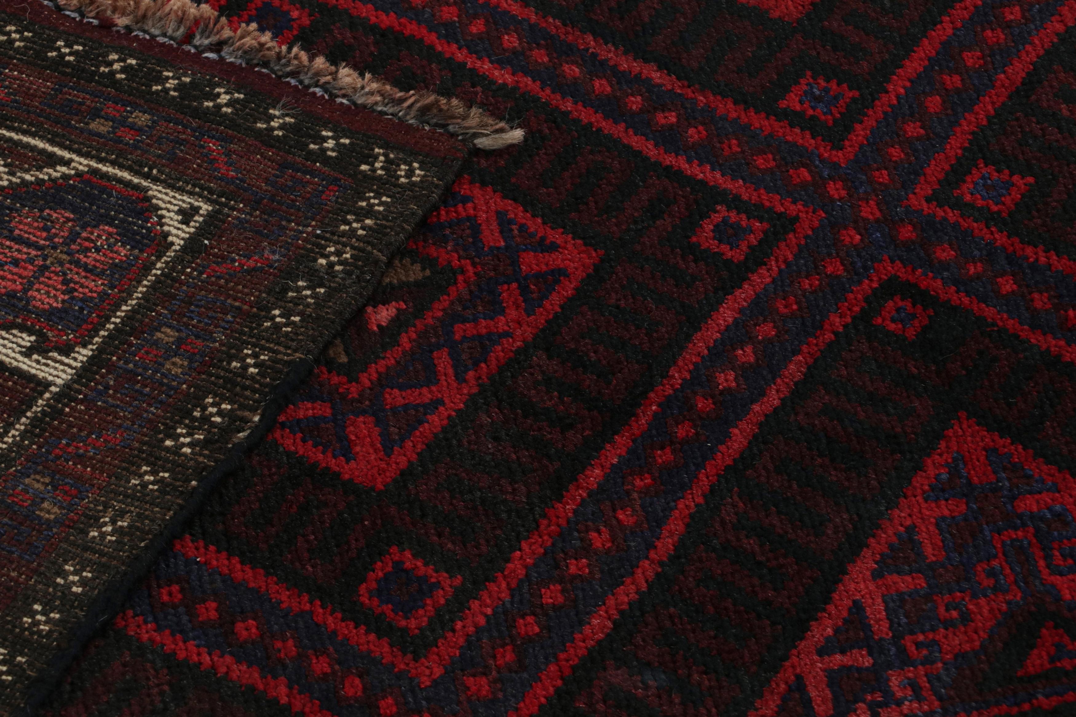 Wool Rug & Kilim’s Mashwani Afghan Baluch Rug in Red and Blue Geometric Patterns  For Sale