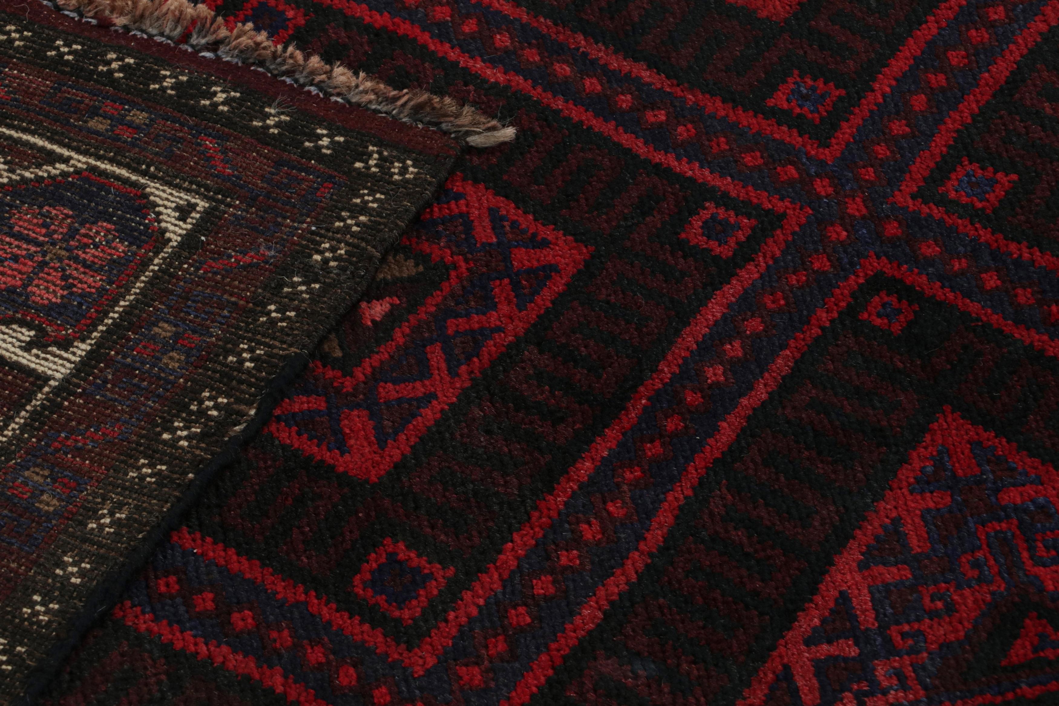 Wool Rug & Kilim’s Mashwani Afghan Baluch Rug in Red and Blue Geometric Patterns For Sale