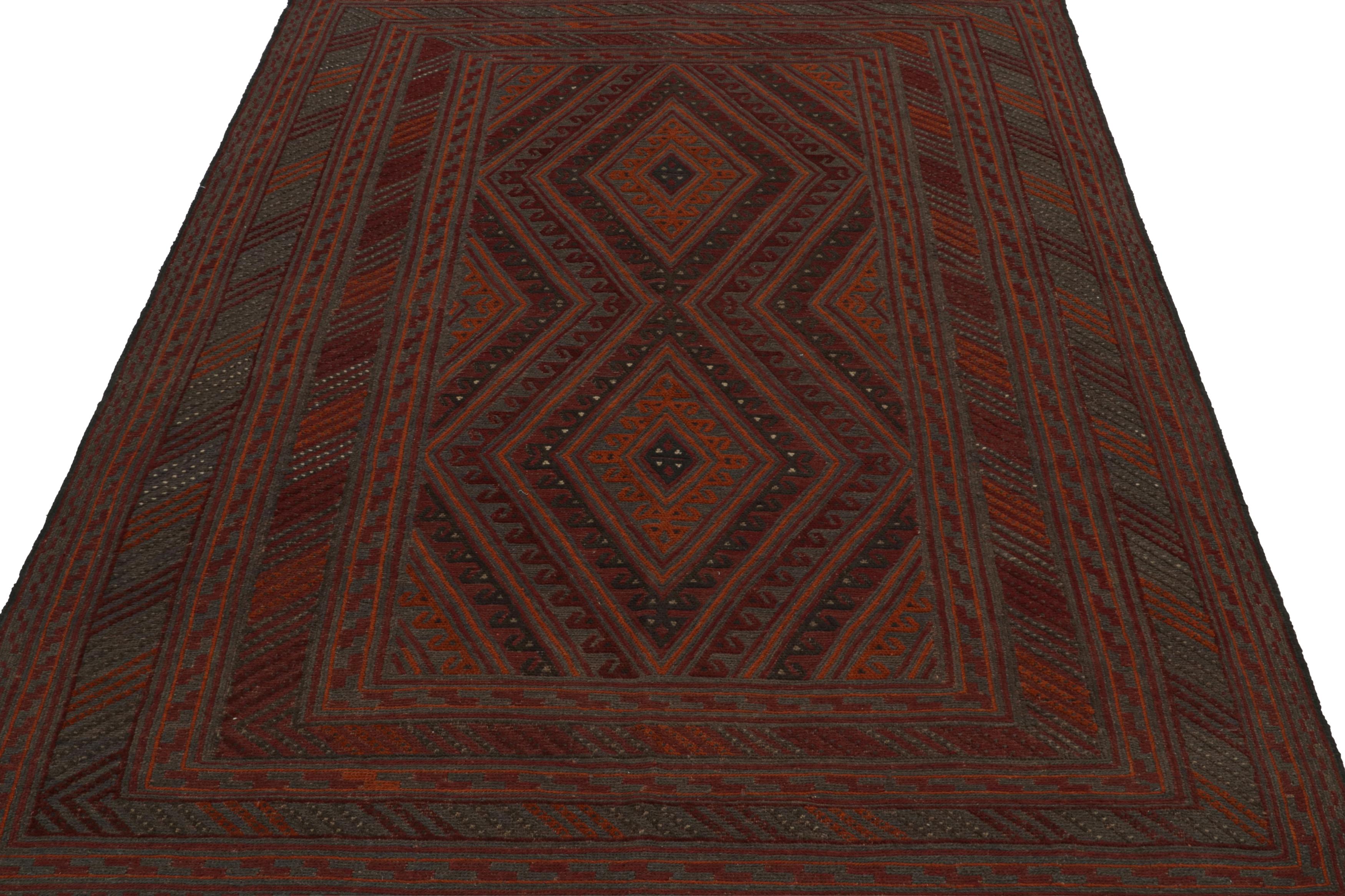 Tribal Rug & Kilim’s Mashwani Afghan Baluch Rug in Red and Gray-Blue Geometric Patterns For Sale