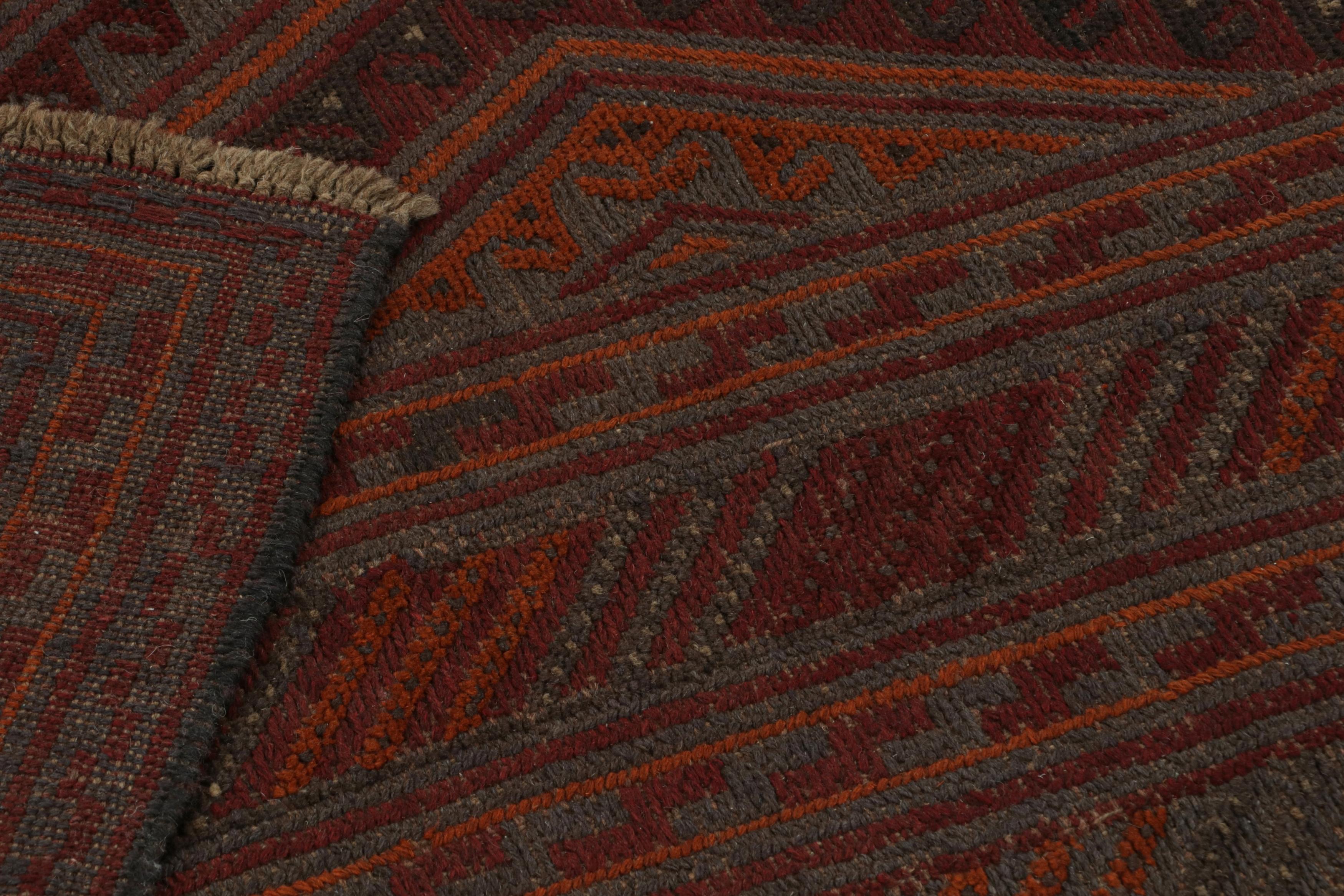 Wool Rug & Kilim’s Mashwani Afghan Baluch Rug in Red and Gray-Blue Geometric Patterns For Sale