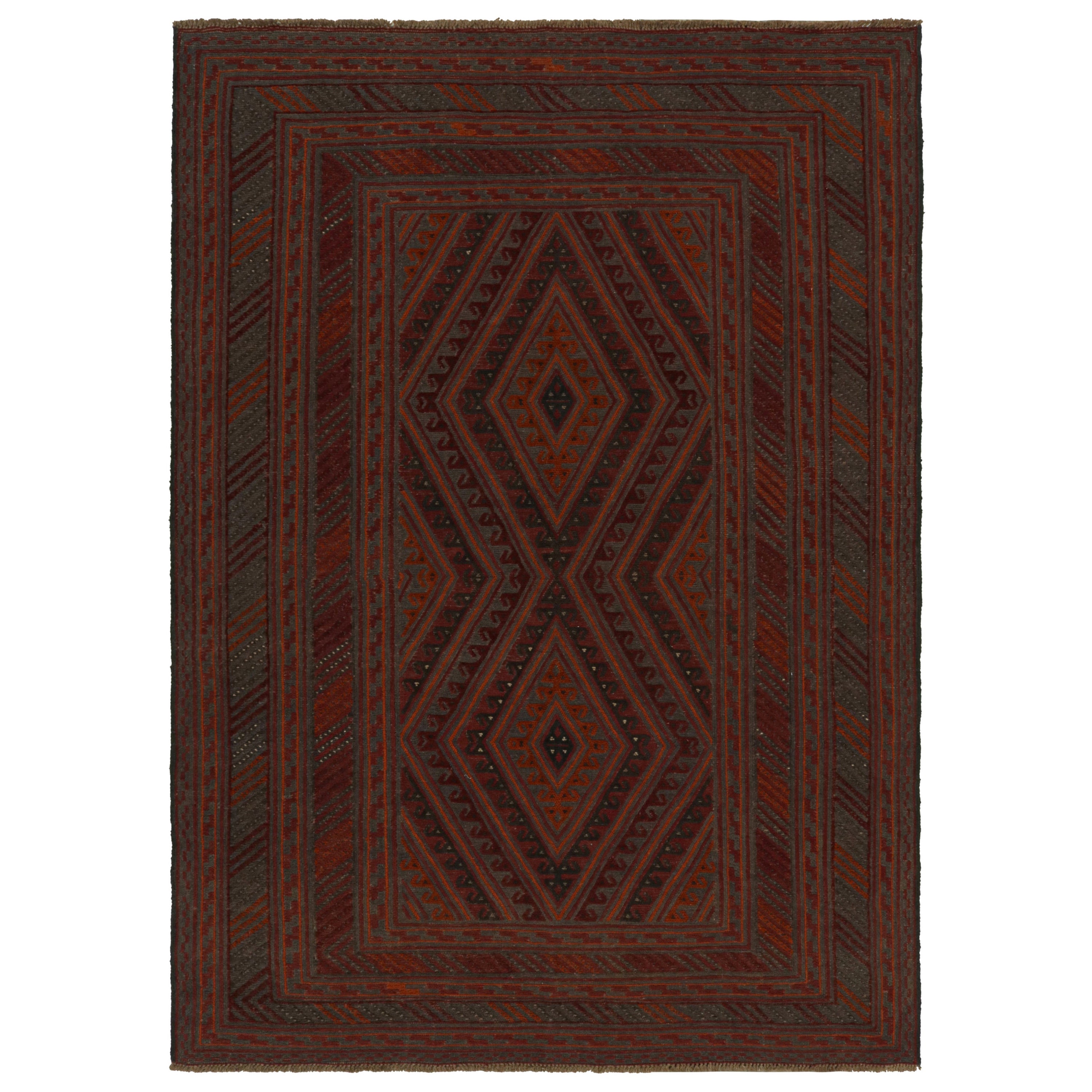 Rug & Kilim’s Mashwani Afghan Baluch Rug in Red and Gray-Blue Geometric Patterns For Sale