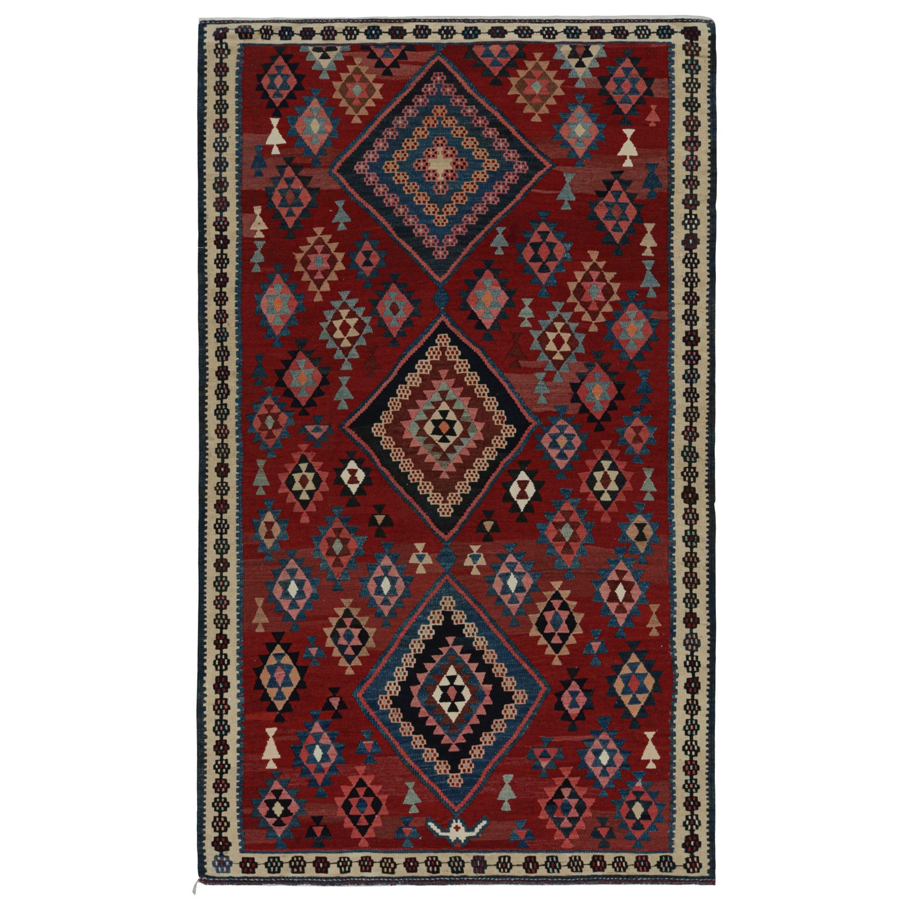 Rug & Kilim's Mashwani Afghan Baluch rug in Red & Blue Geometric Patterns (tapis afghan Baluch de Mashwani à motifs géométriques rouges et bleus) en vente