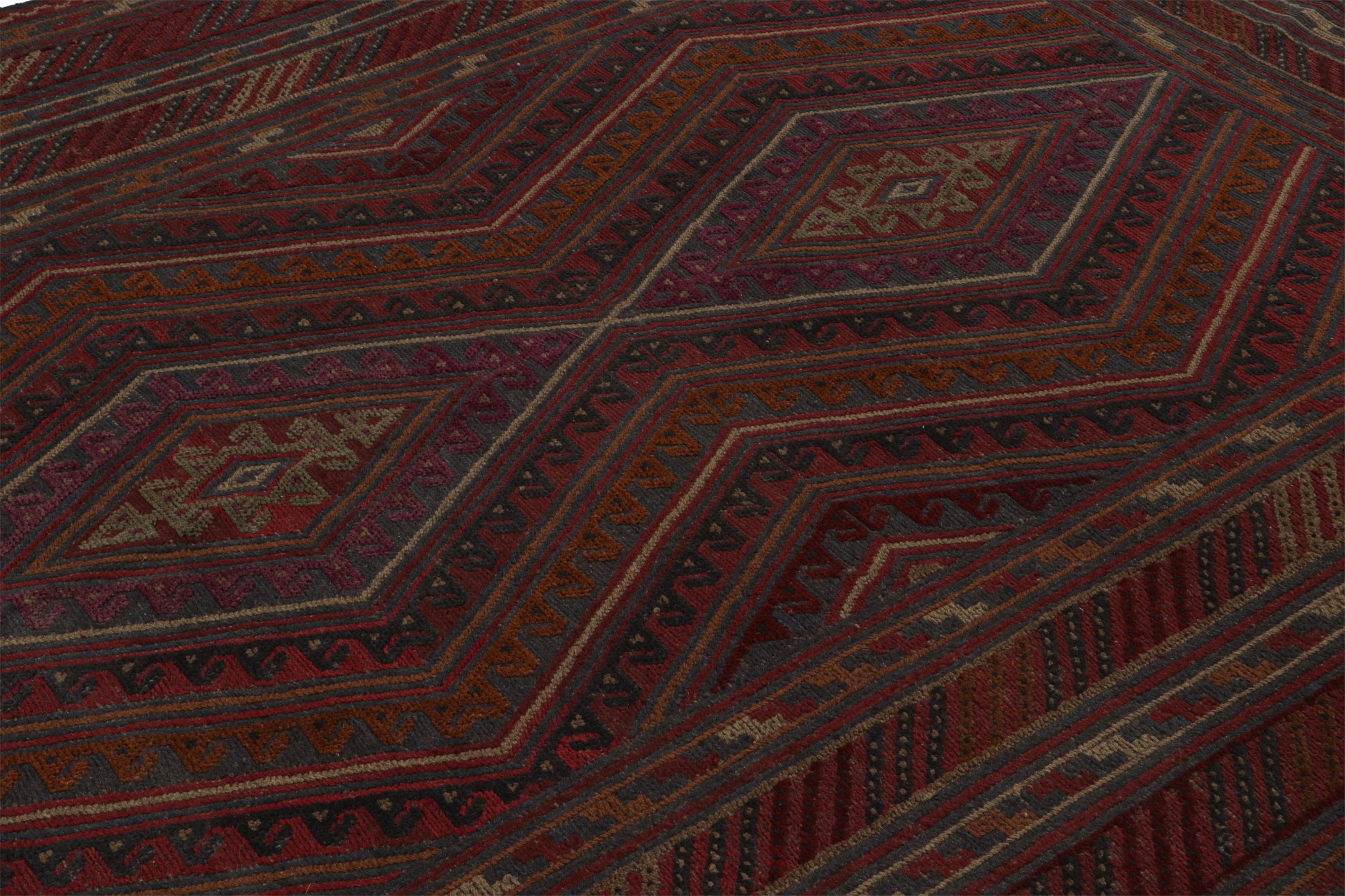 Hand-Knotted Rug & Kilim’s Mashwani Afghan Baluch Rug in Red, Rust & Blue Geometric Patterns  For Sale
