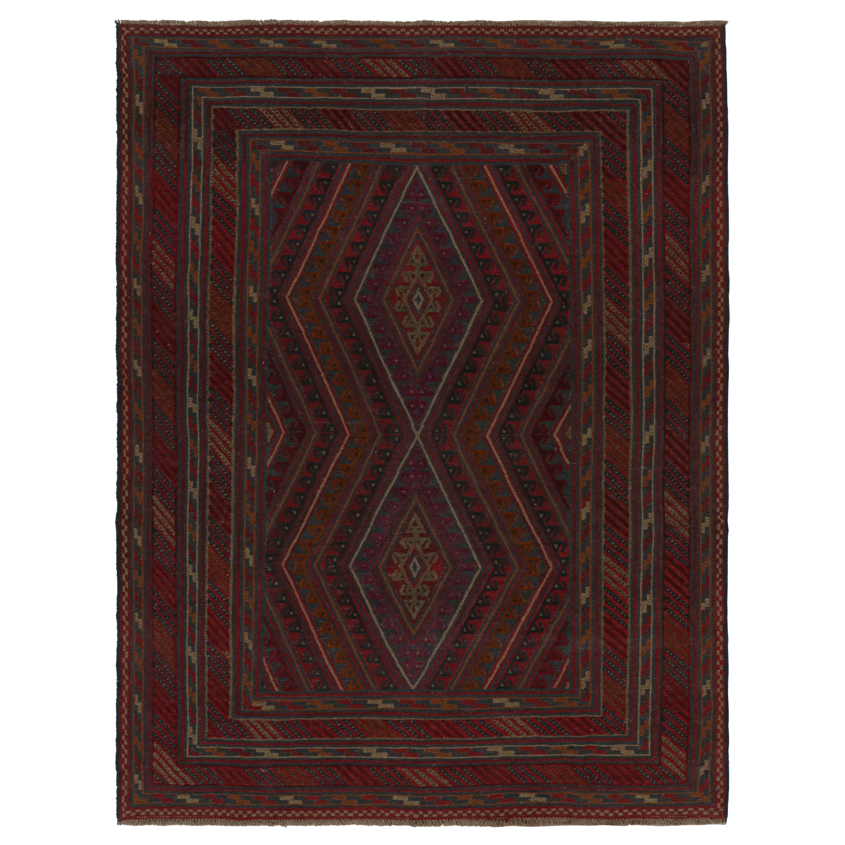 Alfombra afgana baluch Mashwani de Rug & Kilim con motivos geométricos en rojo, óxido y azul