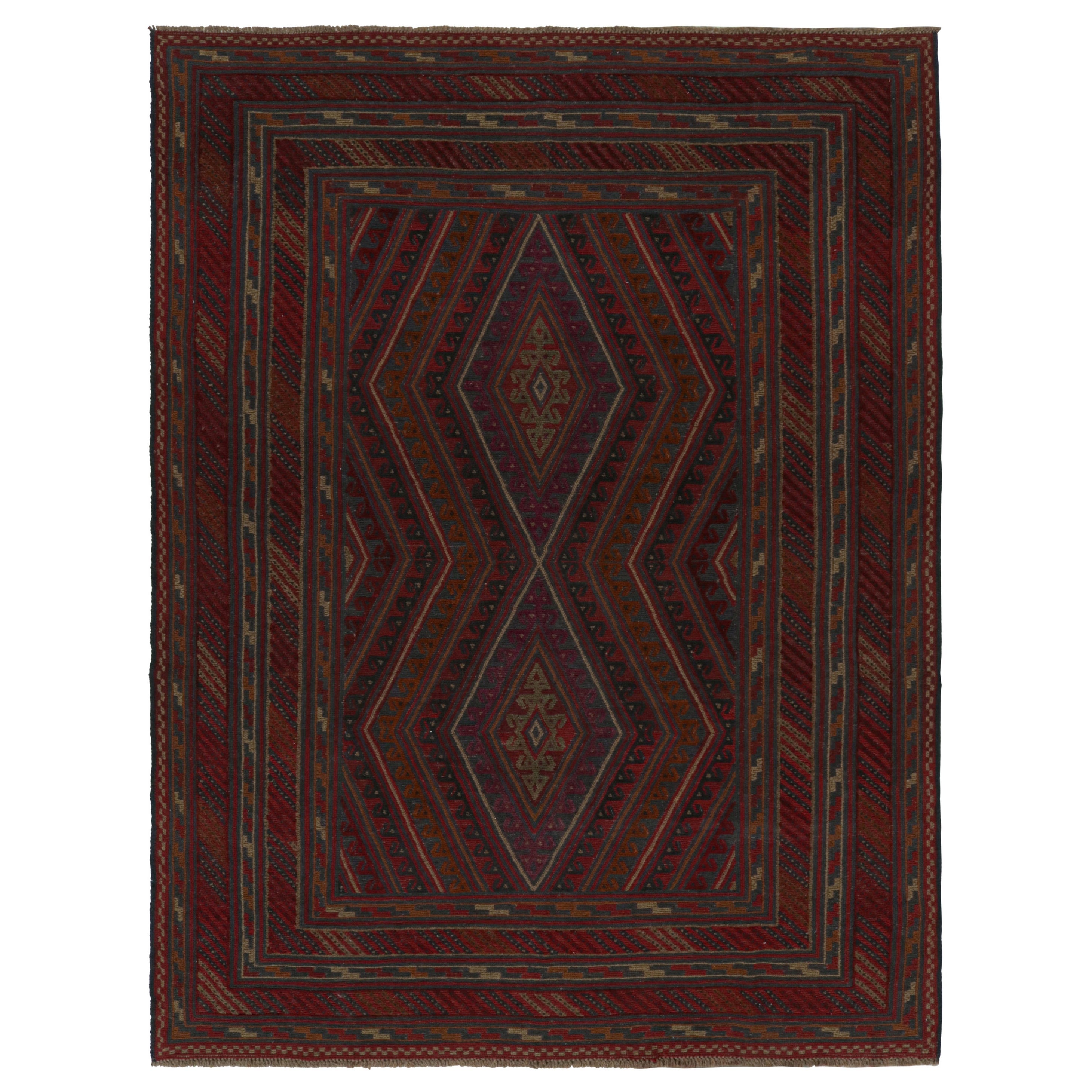 Rug & Kilim’s Mashwani Afghan Baluch Rug in Red, Rust & Blue Geometric Patterns  For Sale