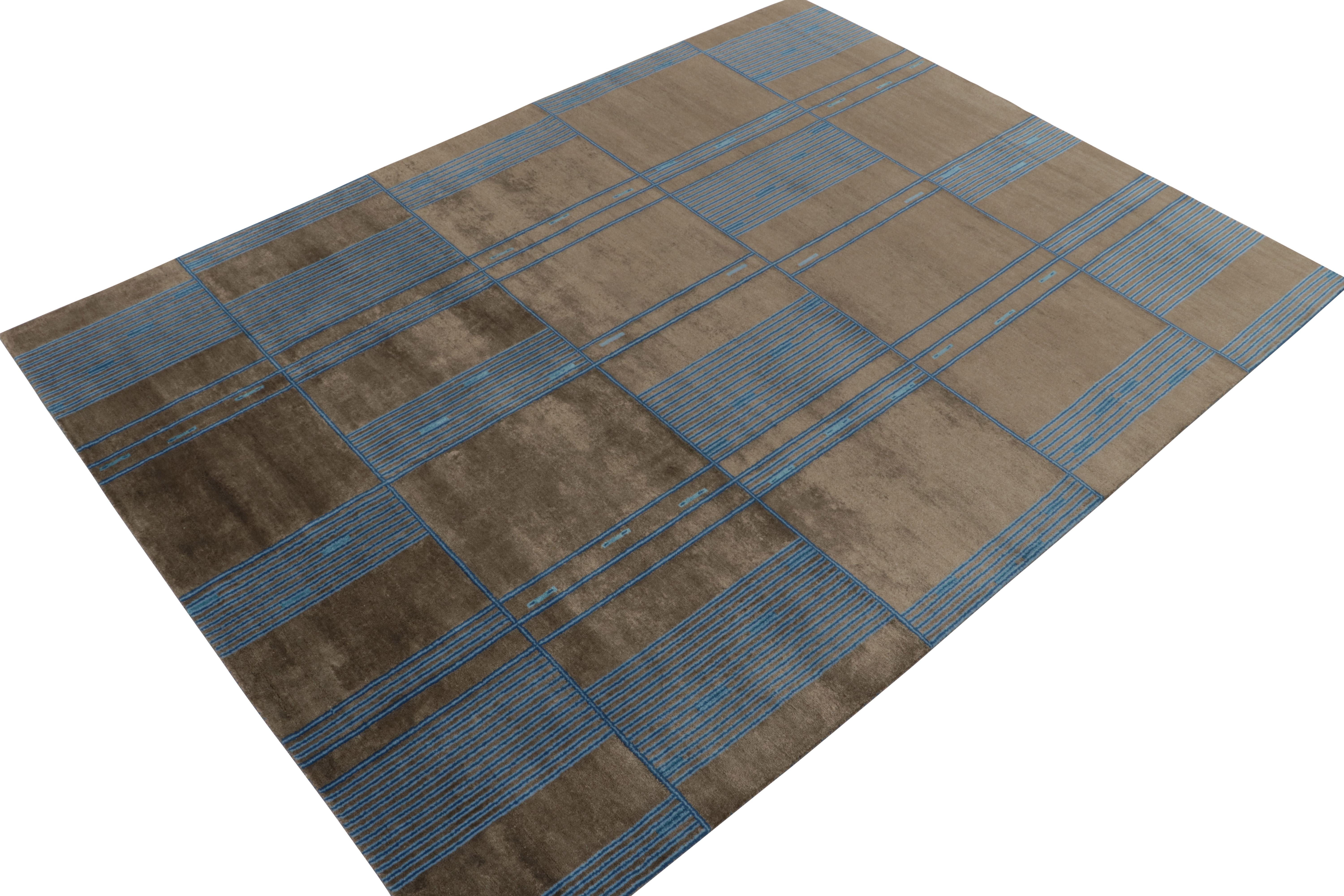 Hand-knotted in wool & silk, a 9x12 piece the inspired new Deco Collection by Rug & Kilim. 
Subtly drawing on mid-century French Deco styles, the drawing revels in a smart geometric pattern of mature brown & blue geometric pattern. Keen eyes will