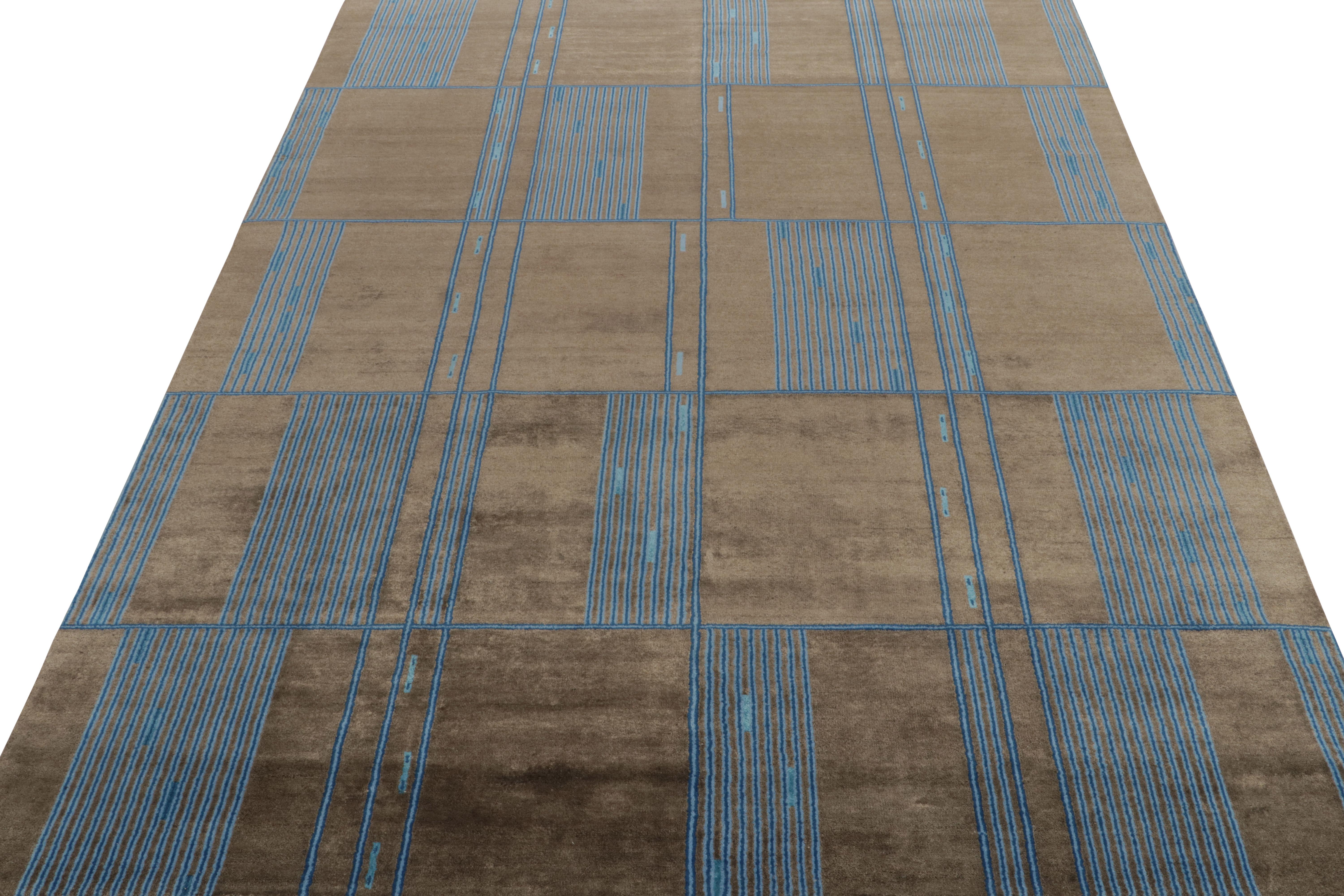 Art Deco Rug & Kilim’s Mid-Century French Deco Style Rug in Brown & Blue For Sale