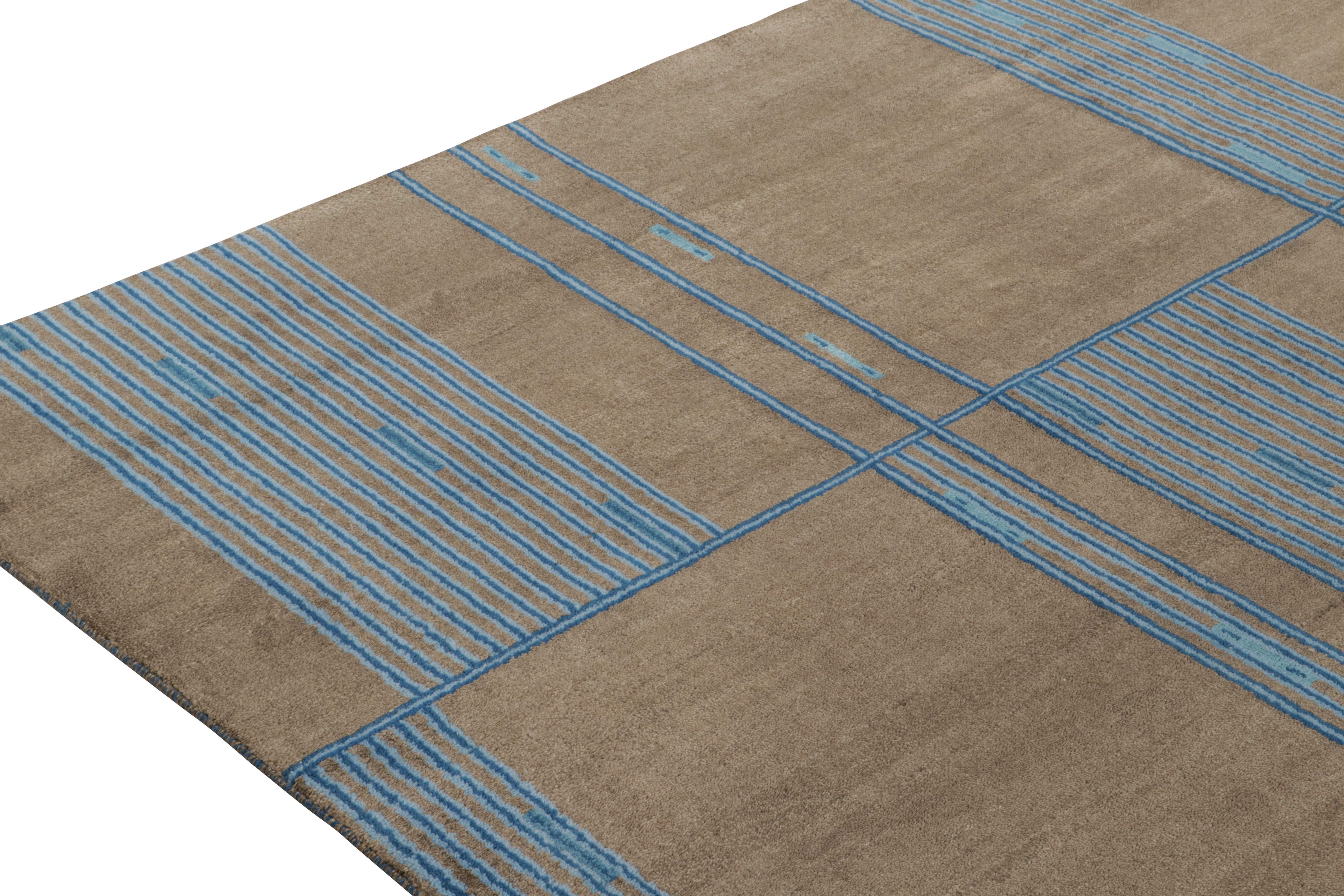 Indian Rug & Kilim’s Mid-Century French Deco Style Rug in Brown & Blue For Sale