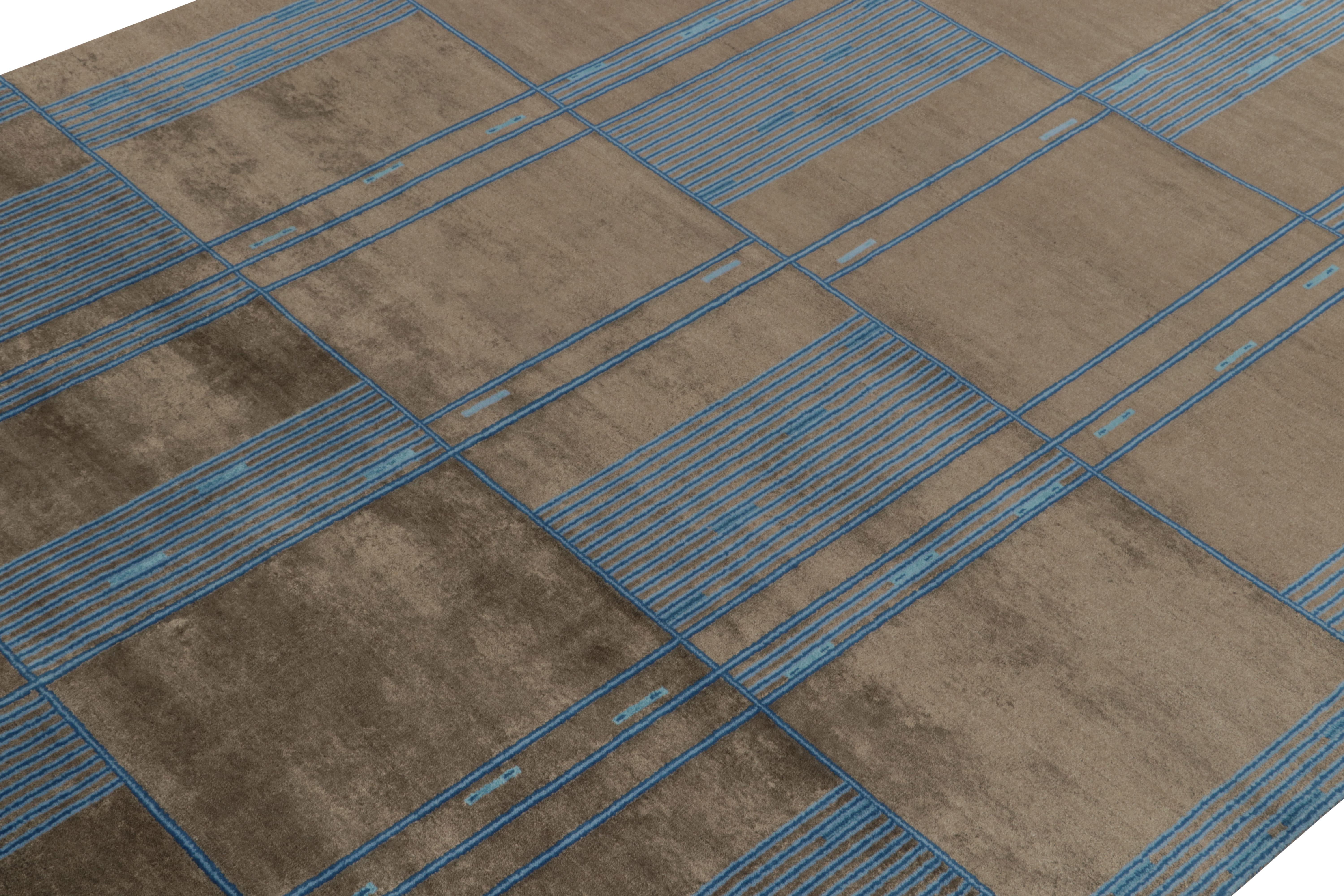 Teppich & Kilims Französischer Deko-Teppich im Mid-Century-Stil in Braun & Blau (Handgeknüpft) im Angebot