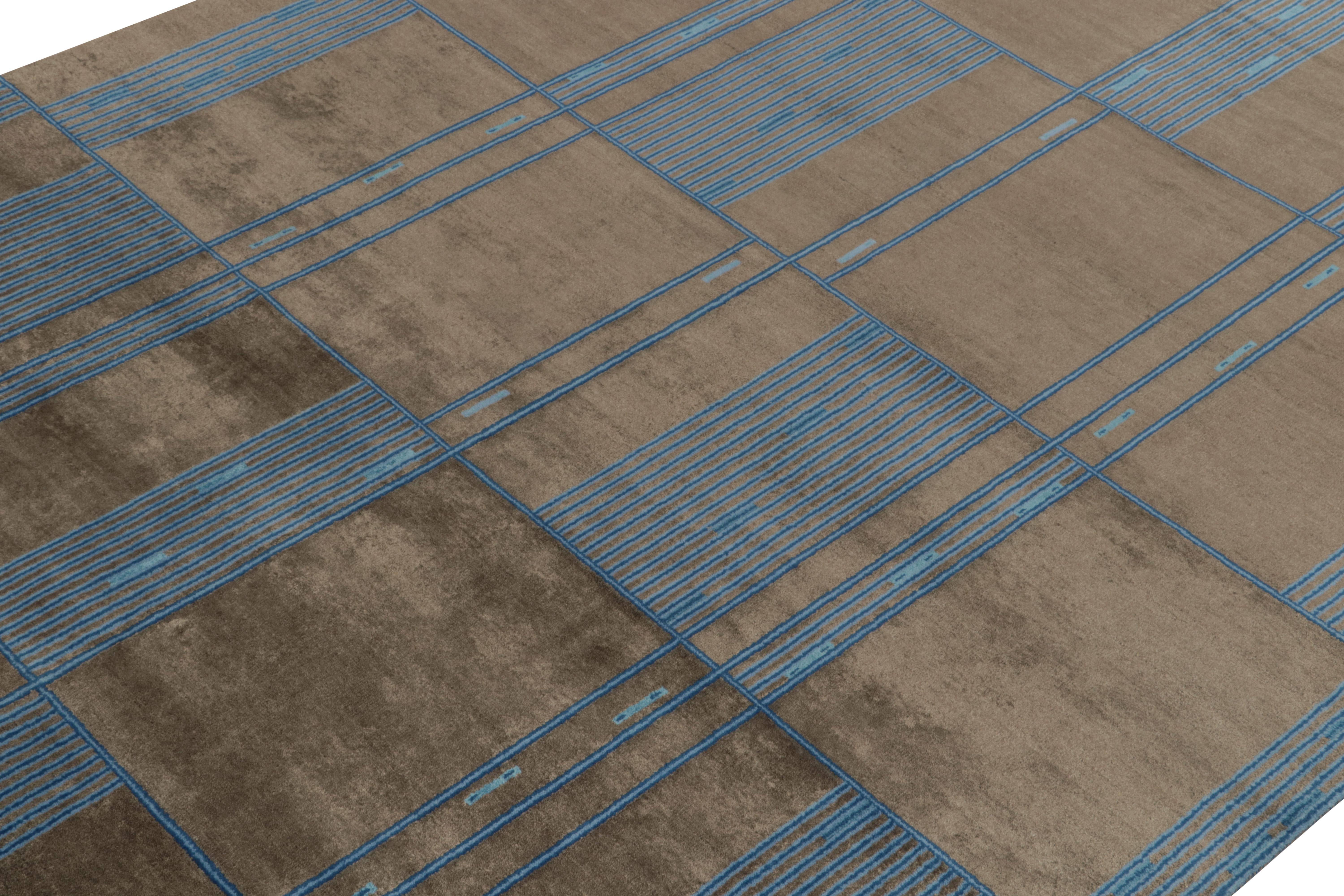 Annodato a mano Rug & Kilim - Tappeto in stile Deco francese di metà secolo in marrone e blu in vendita