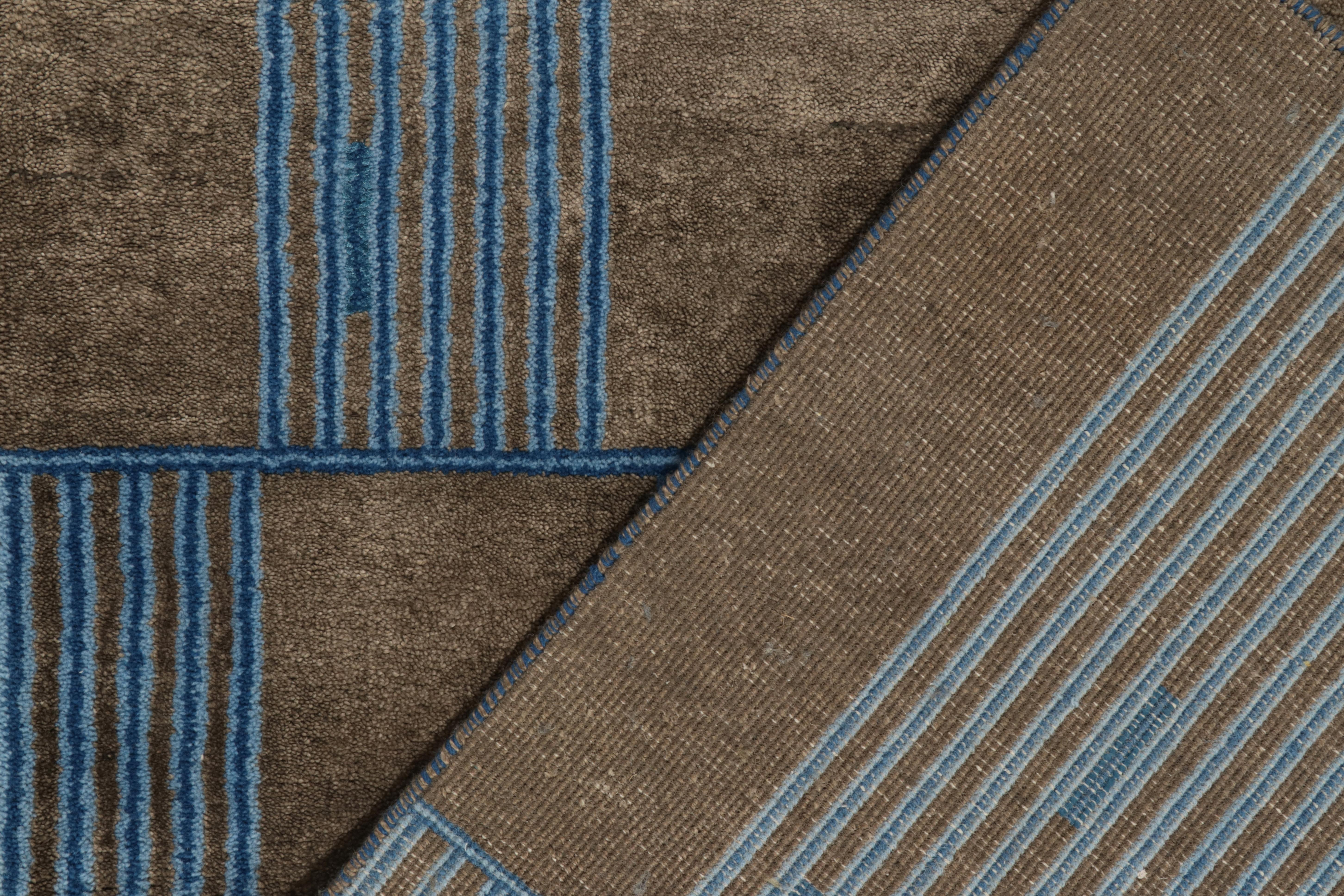 Rug & Kilim’s Mid-Century French Deco Style Rug in Brown & Blue In New Condition For Sale In Long Island City, NY