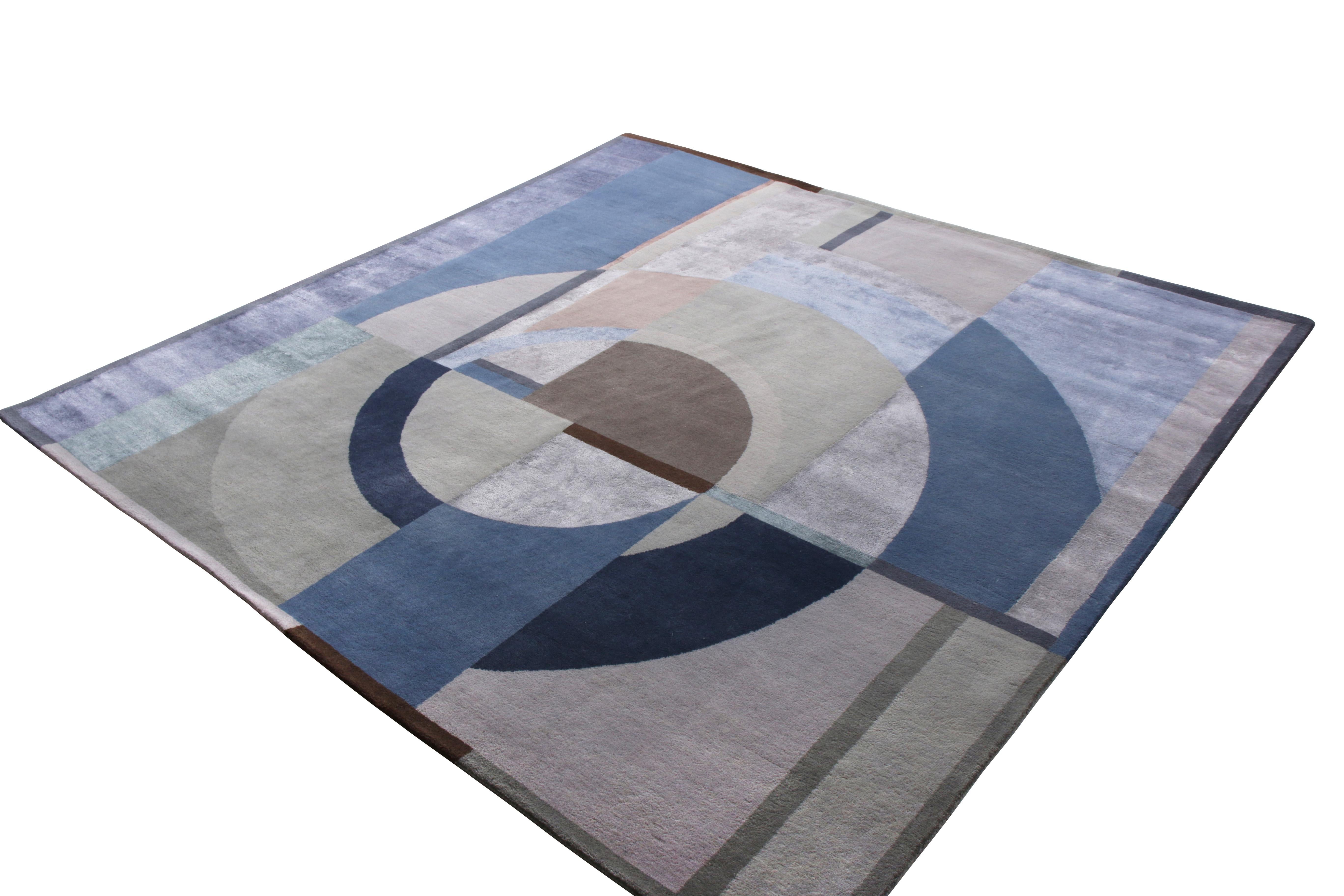 Indian Rug & Kilim's Mid-Century Modern Art Deco Style Rug in Blue and Beige For Sale