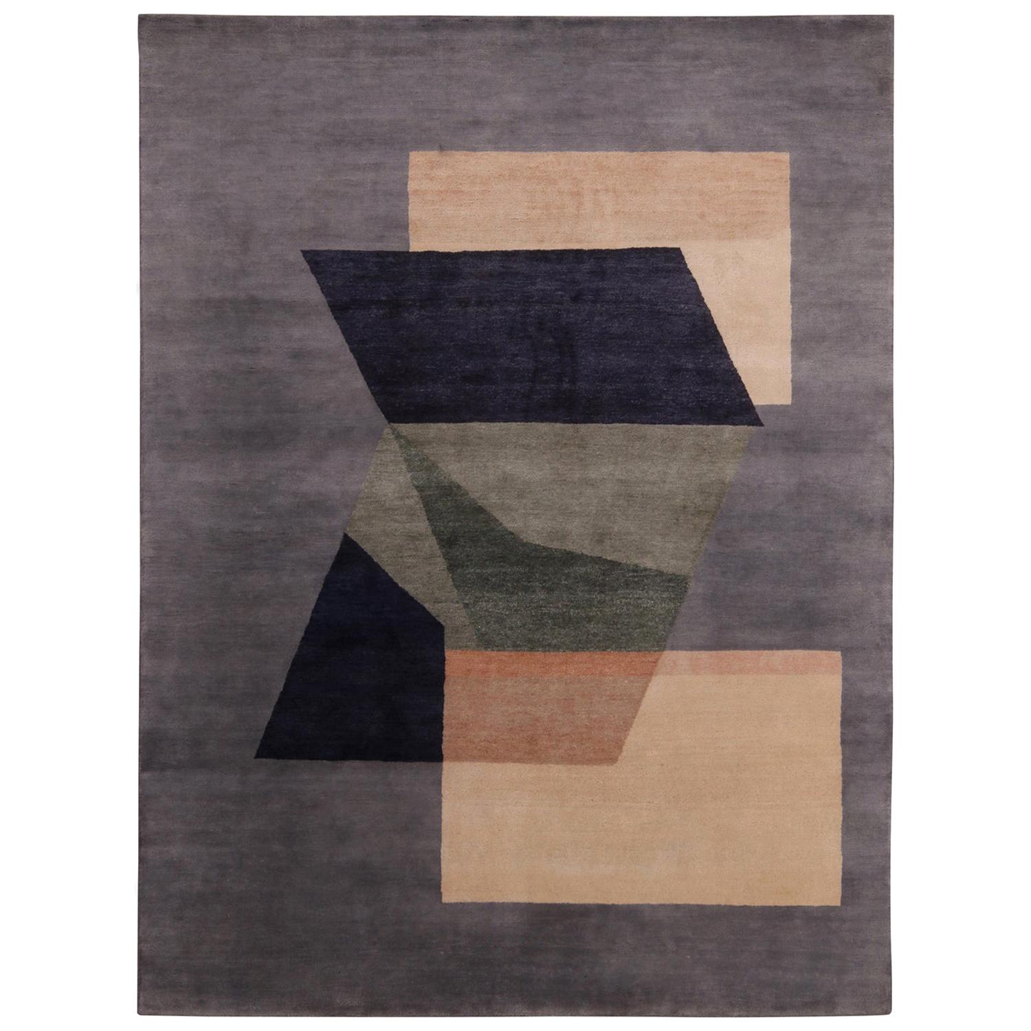 Rug 
Kilim
s Mid-Century Modern Geometric Beige and Black Wool and Silk Rug im Angebot