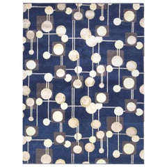 Teppich & Kilim's Mid-Century Modern Geometric Beige Grau und Blau Wolle Seide Teppich