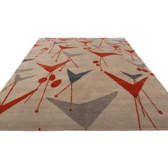 Rug & Kilim's Mid-Century Modern Geometric Beige Gray and Red Wool and Silk Rug