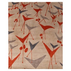 Teppich & Kilims Moderner geometrischer Beige-grauer und roter Woll- und Seidenteppich aus der Jahrhundertmitte