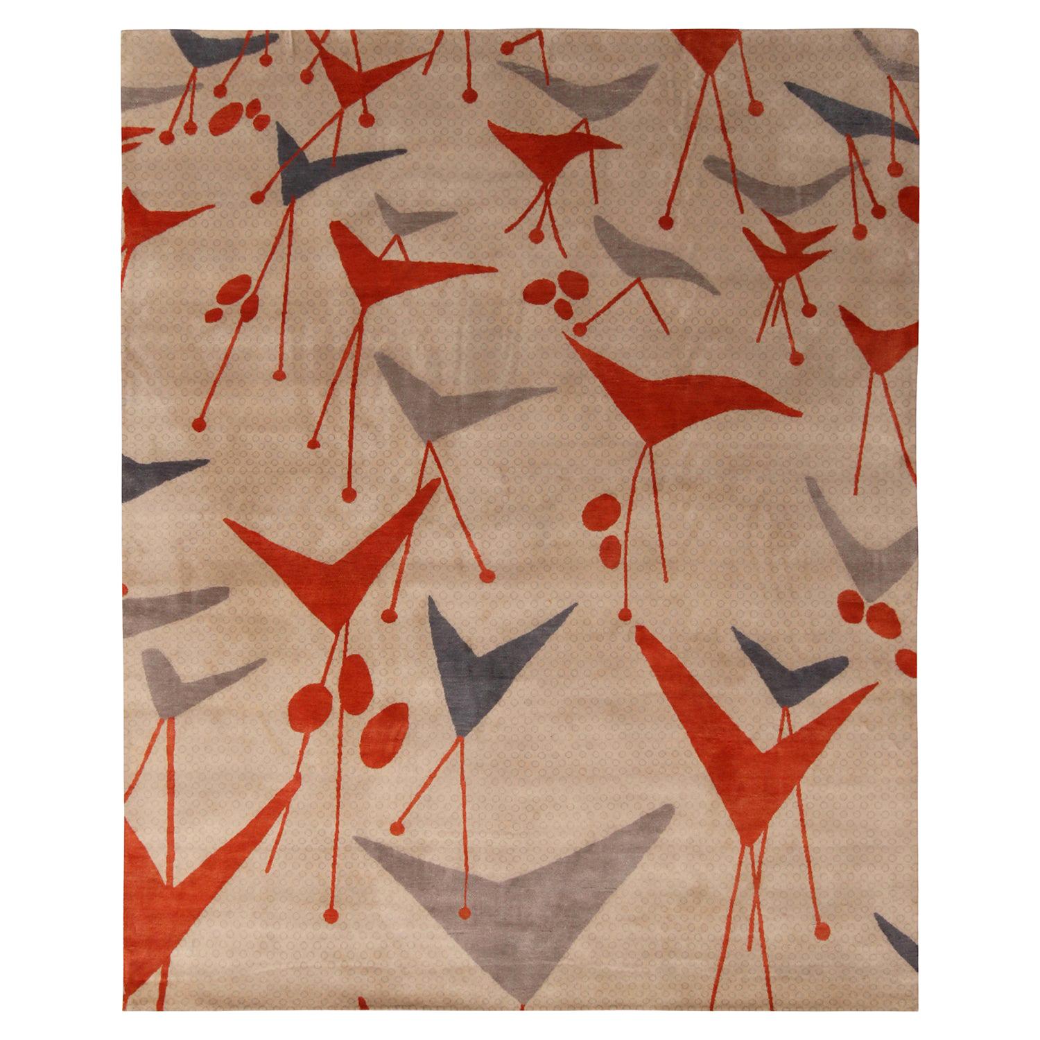 Rug & Kilim’s Mid-Century Modern Geometric Beige Gray and Red Wool and Silk Rug