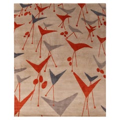 Rug & Kilim’s Mid-Century Modern Geometric Beige Gray and Red Wool and Silk Rug