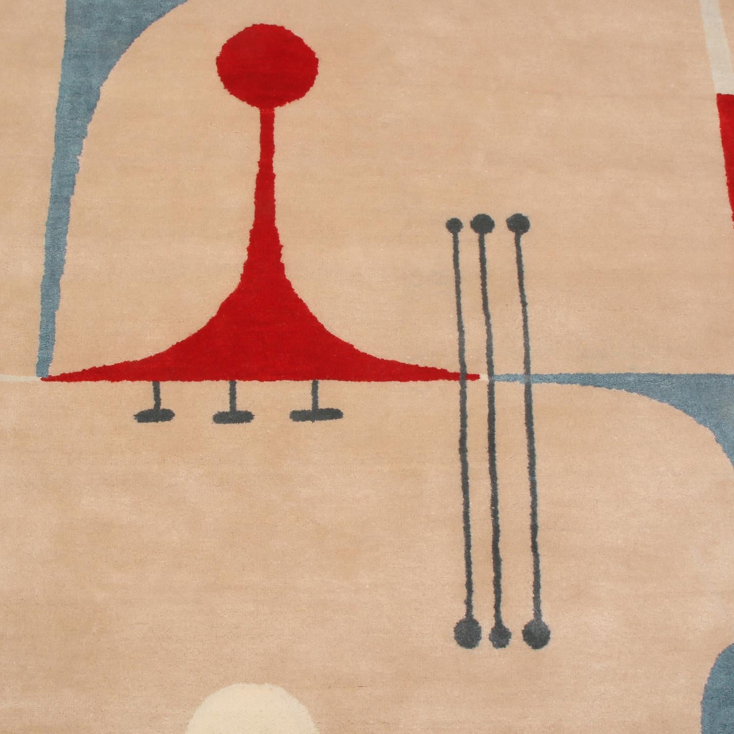 Hand-Knotted Rug & Kilim’s Mid-Century Modern Geometric Beige Red and Blue Wool Custom Rug