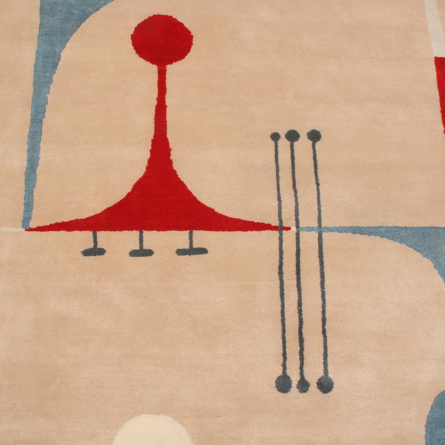 Noué à la main Rug & Kilim's Mid-Century Modern Geometric Beige Red and Blue Wool Custom Rug (tapis de laine sur mesure beige, rouge et bleu) en vente