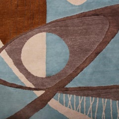 Rug & Kilim’s Mid-Century Modern Geometric Blue/Brown Wool and Silk Custom Rug