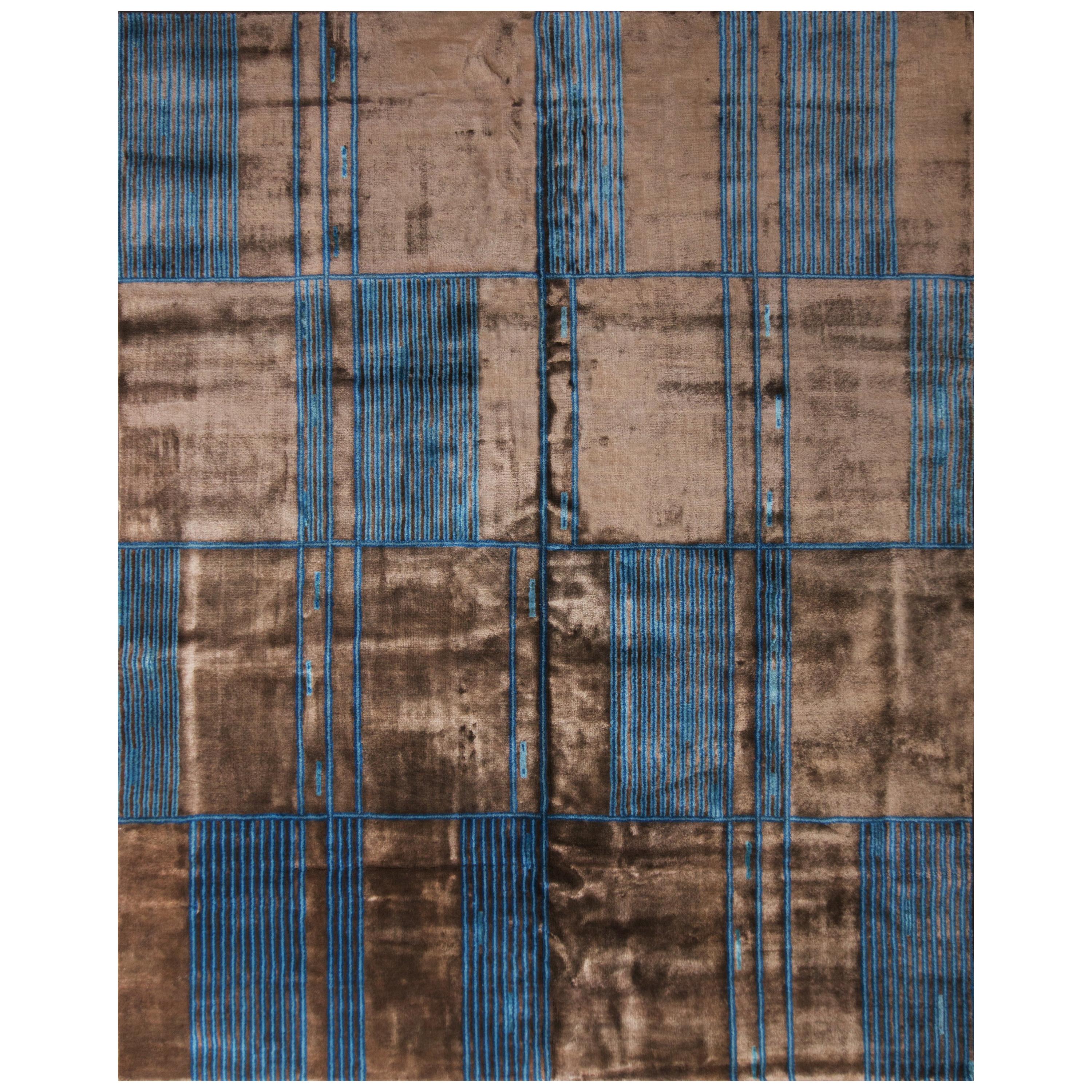 Rug & Kilim’s Mid-Century Modern Geometric Brown and Blue Wool and Silk Rug