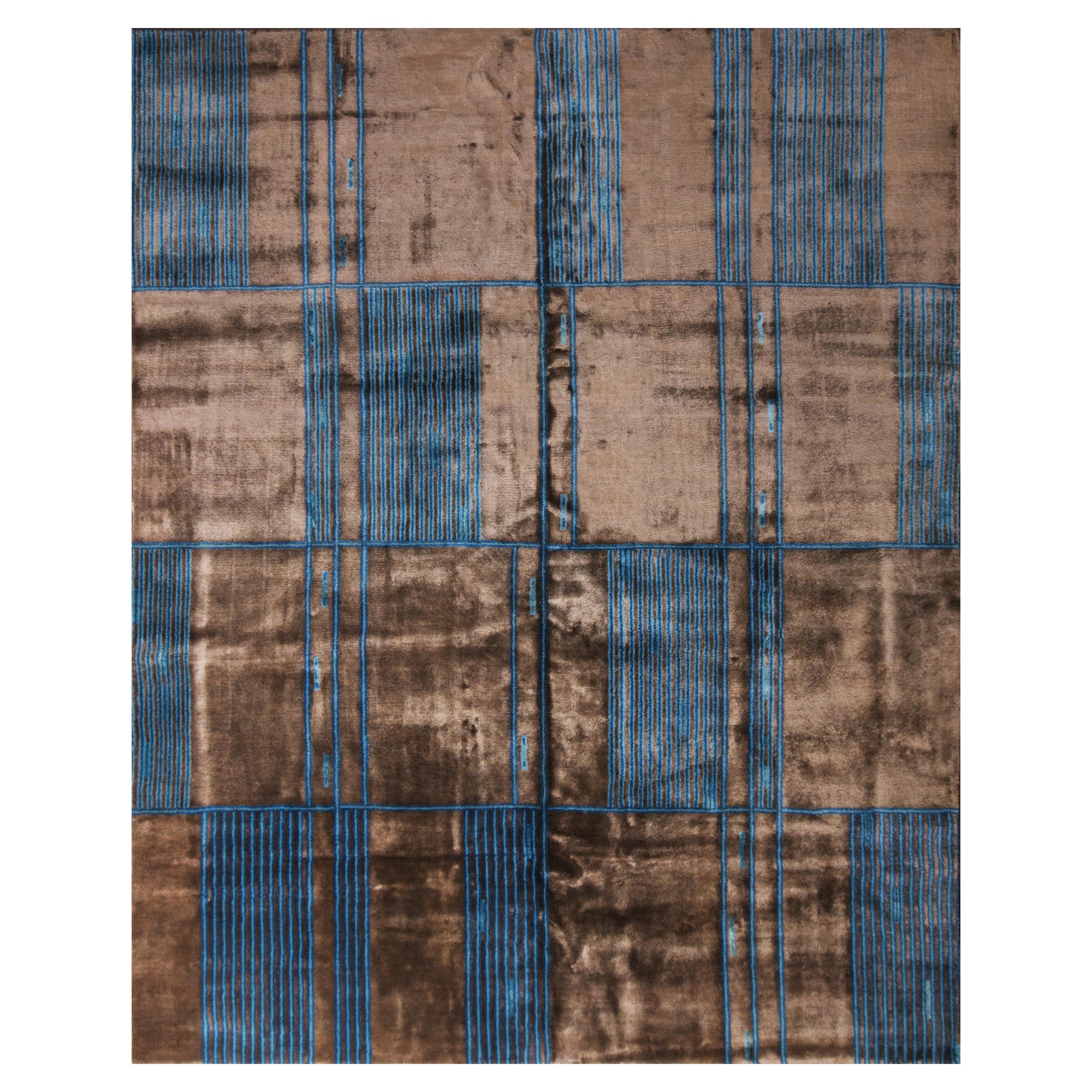 Rug 
Kilim
s Mid-Century Modern Geometric Brown and Blue Wool and Silk Rug