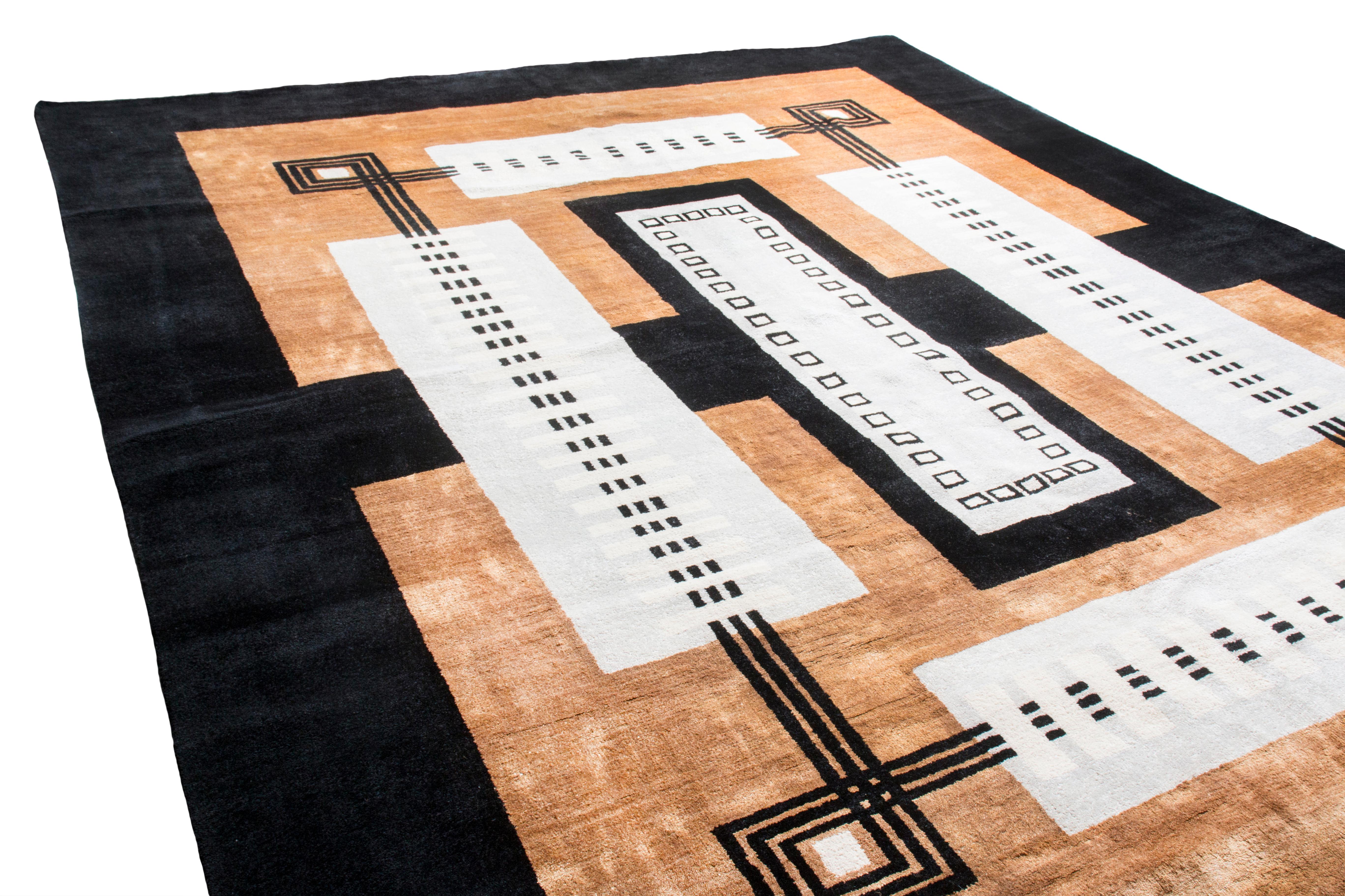Indian Rug & Kilim's Mid-Century Modern Geometric Copper & White Wool Architectural For Sale