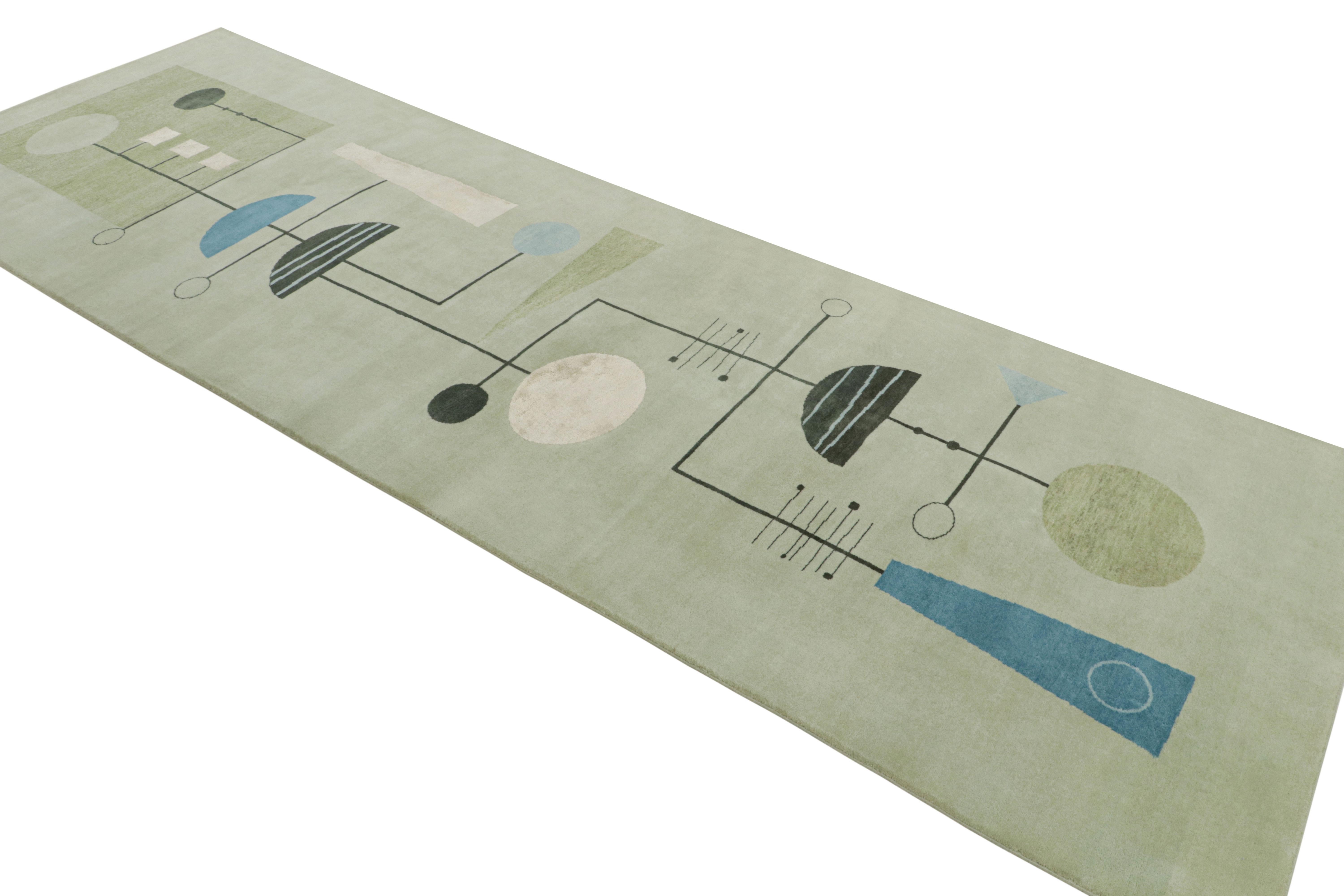 Indian Rug & Kilim’s Mid Century Modern Geometric Green Black And Blue Wool And Silk Cu For Sale