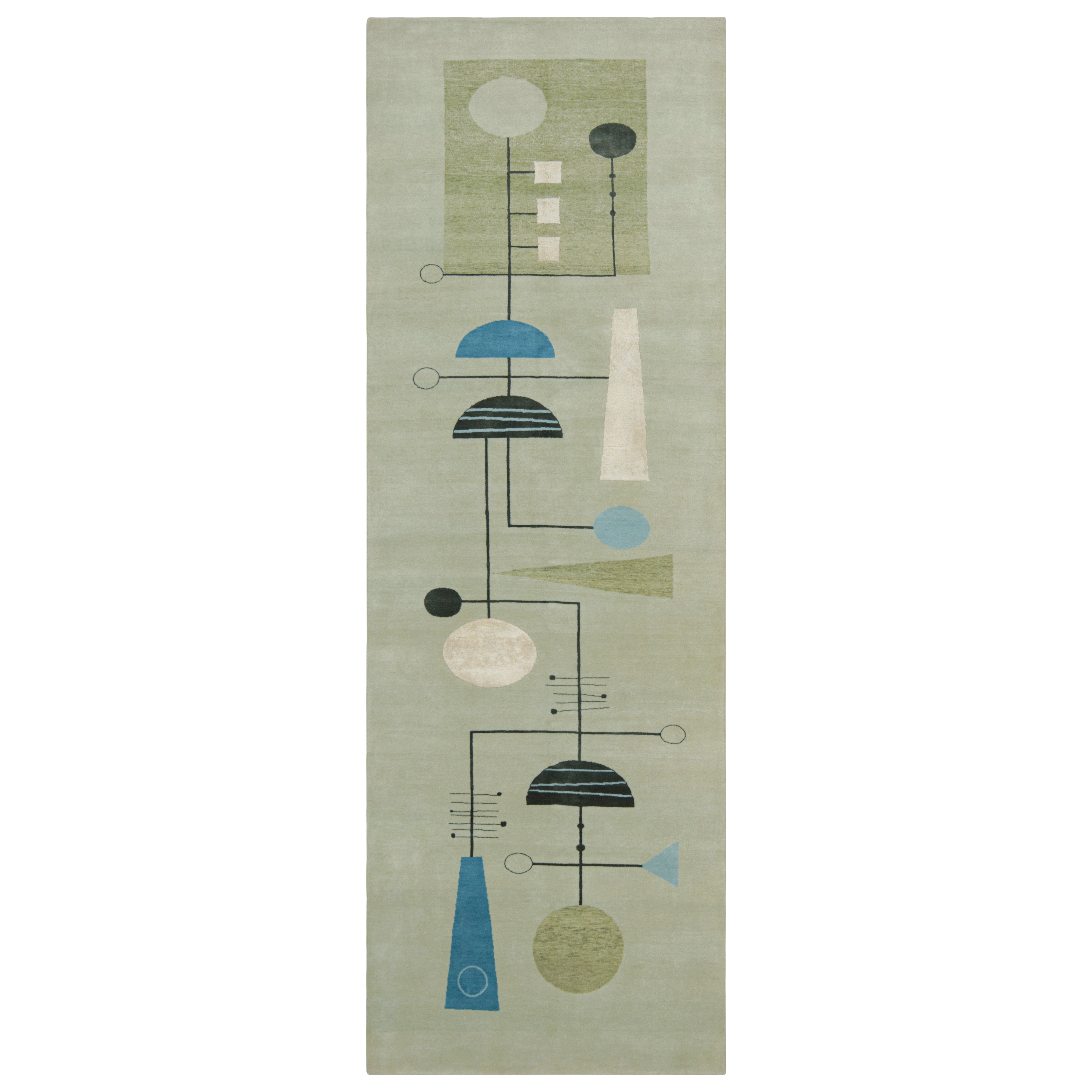 Rug & Kilim's Mid Century Modern Geometric Green Black And Blue Wool And Silk Cu