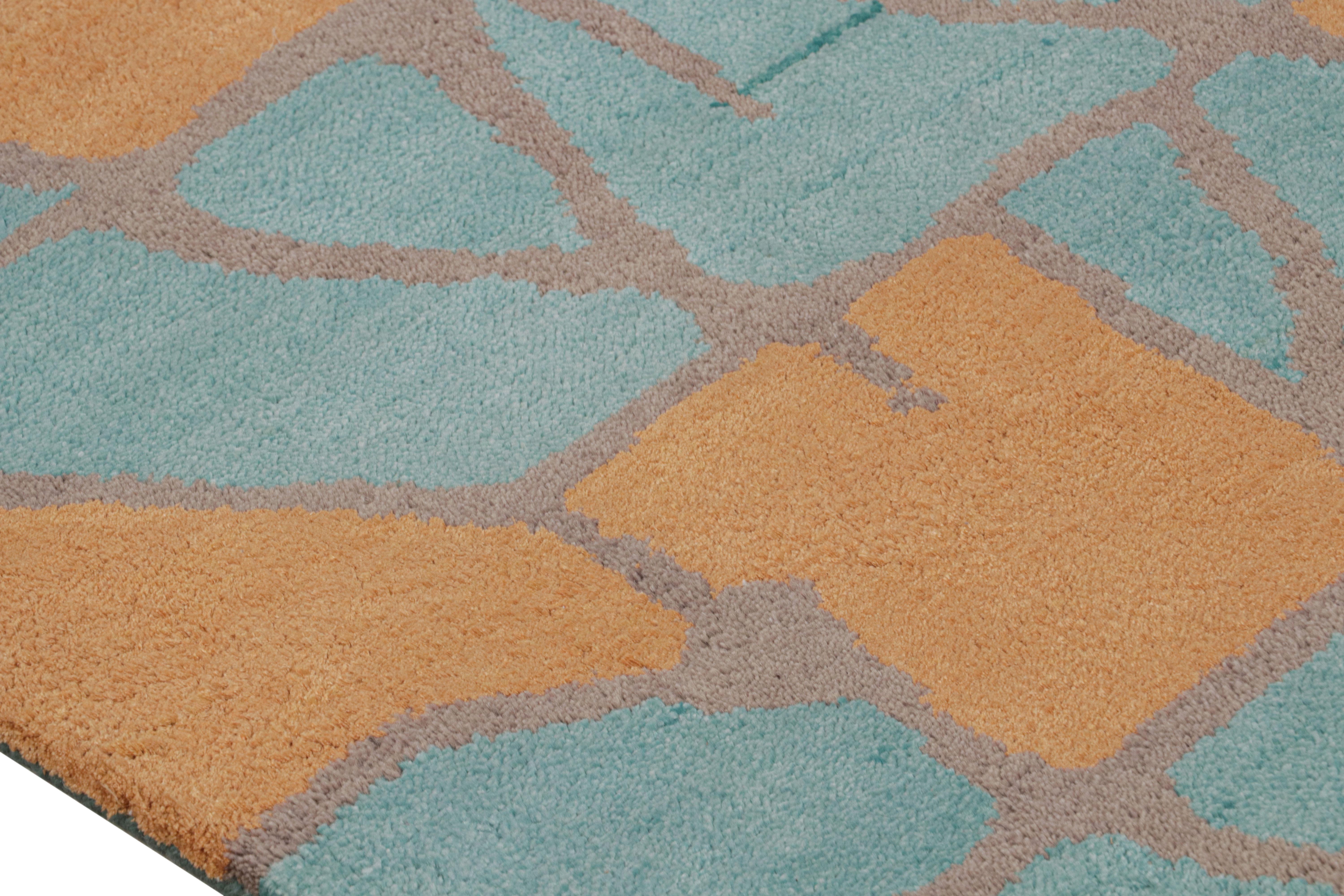 Indian Rug & Kilim’s Mid Century Modern Geometric Orange-Gold & Blue Wool and Silk Gall For Sale