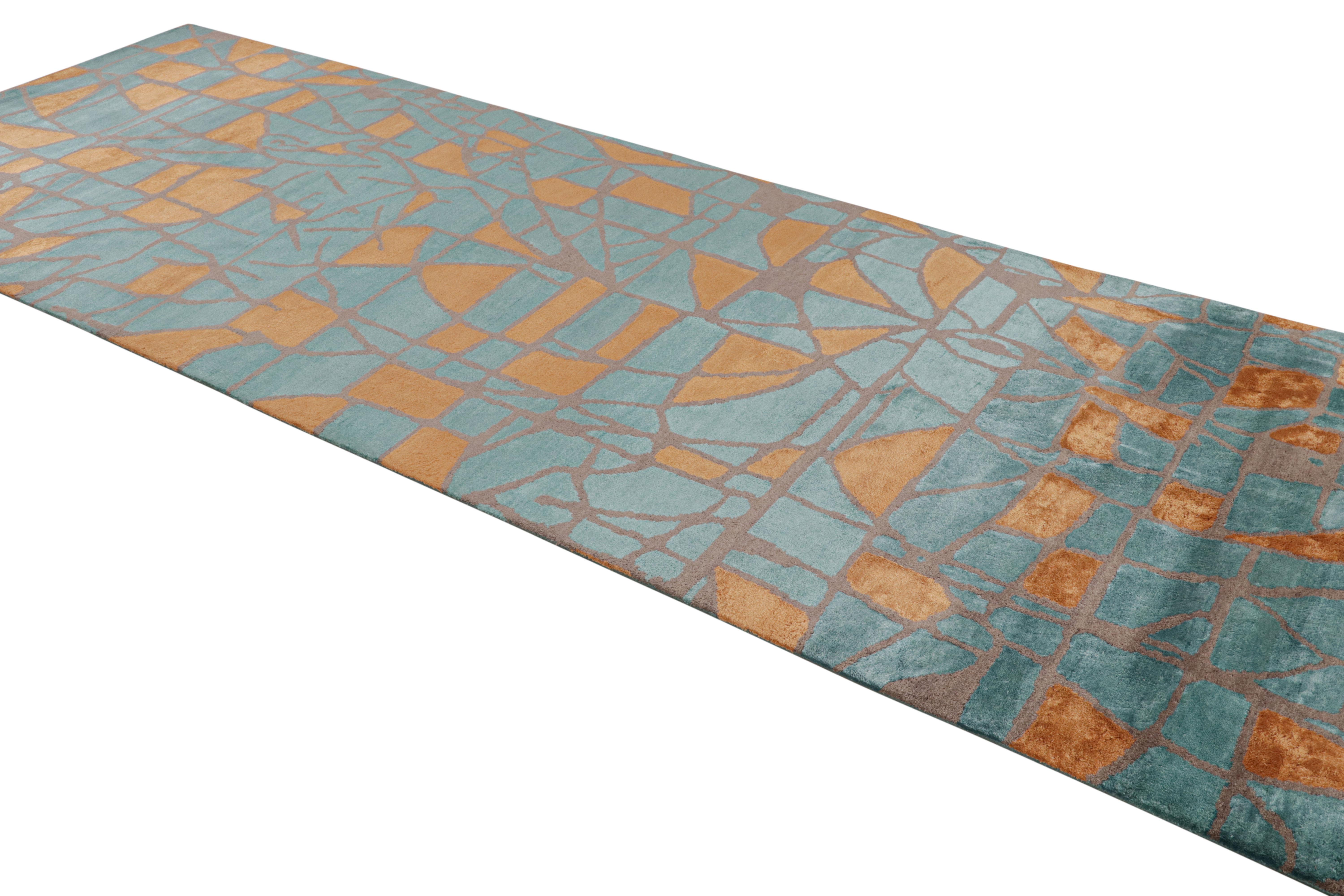 Hand-Woven Rug & Kilim’s Mid Century Modern Geometric Orange-Gold & Blue Wool and Silk Gall For Sale