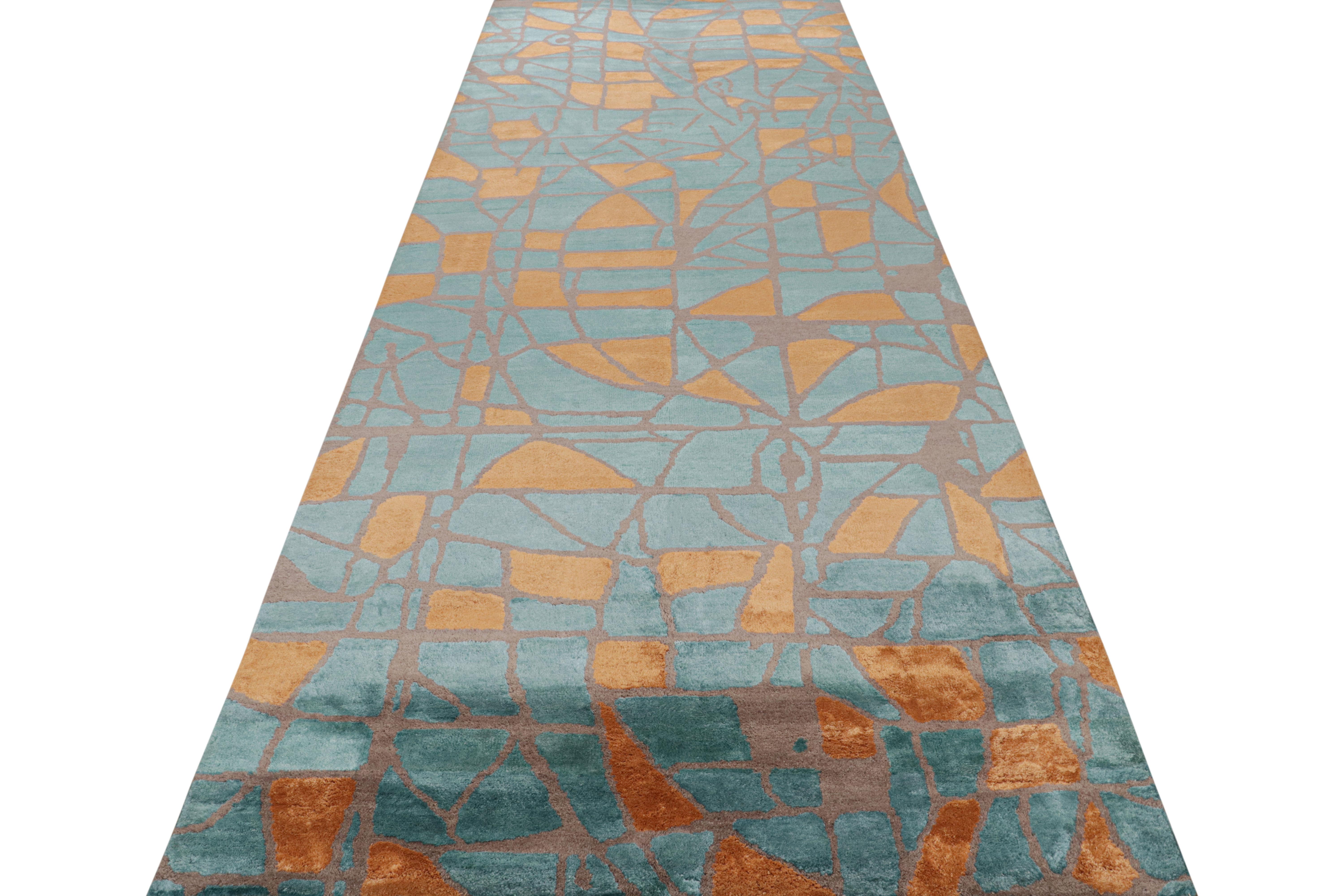 Rug & Kilim’s Mid Century Modern Geometric Orange-Gold & Blue Wool and Silk Gall In New Condition For Sale In Long Island City, NY