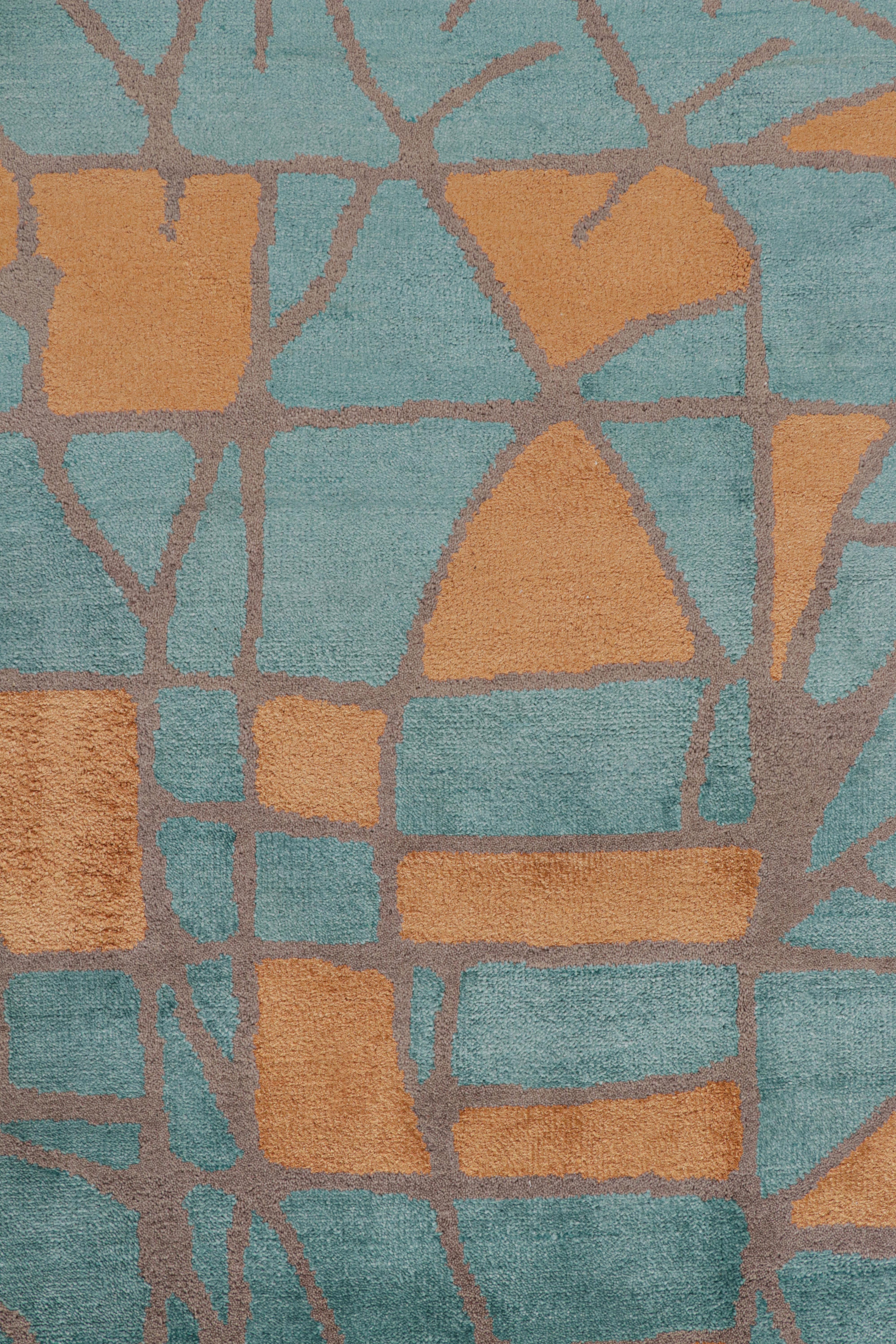 Contemporary Rug & Kilim’s Mid Century Modern Geometric Orange-Gold & Blue Wool and Silk Gall For Sale